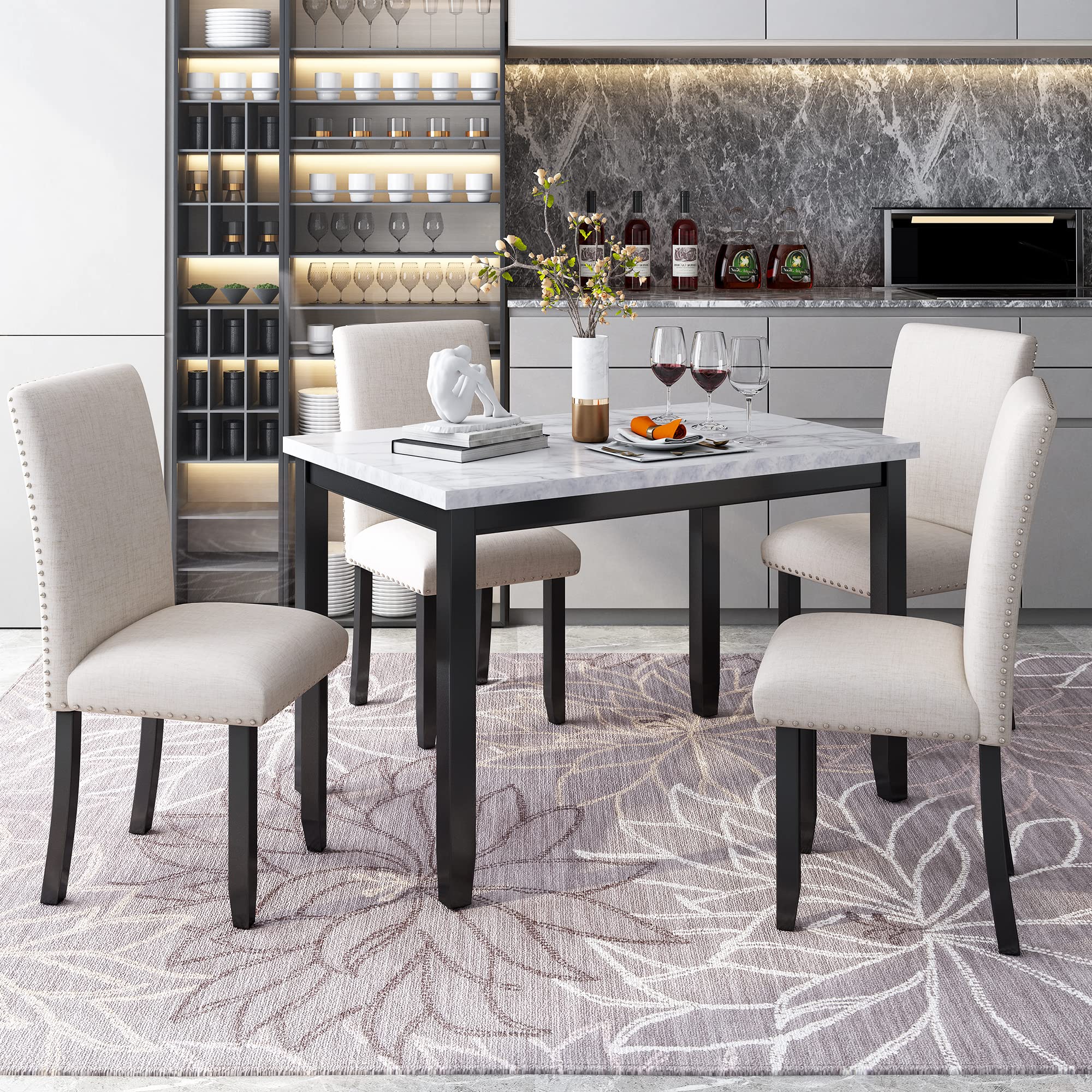 5-Piece Faux Marble Dining Table Set with Upholstered Chairs