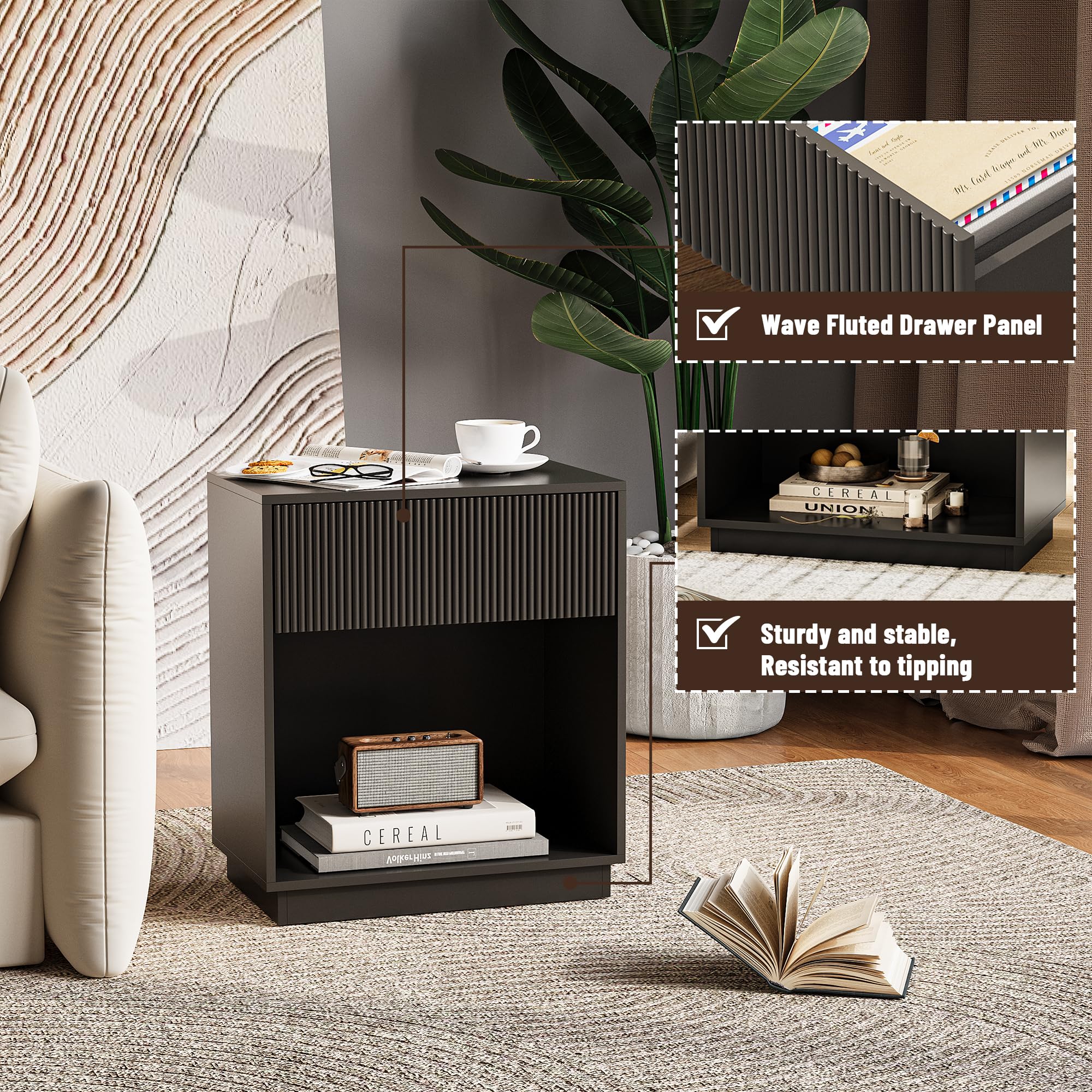 Fluted Nightstands Set of 2 with Drawer and Storage Shelf