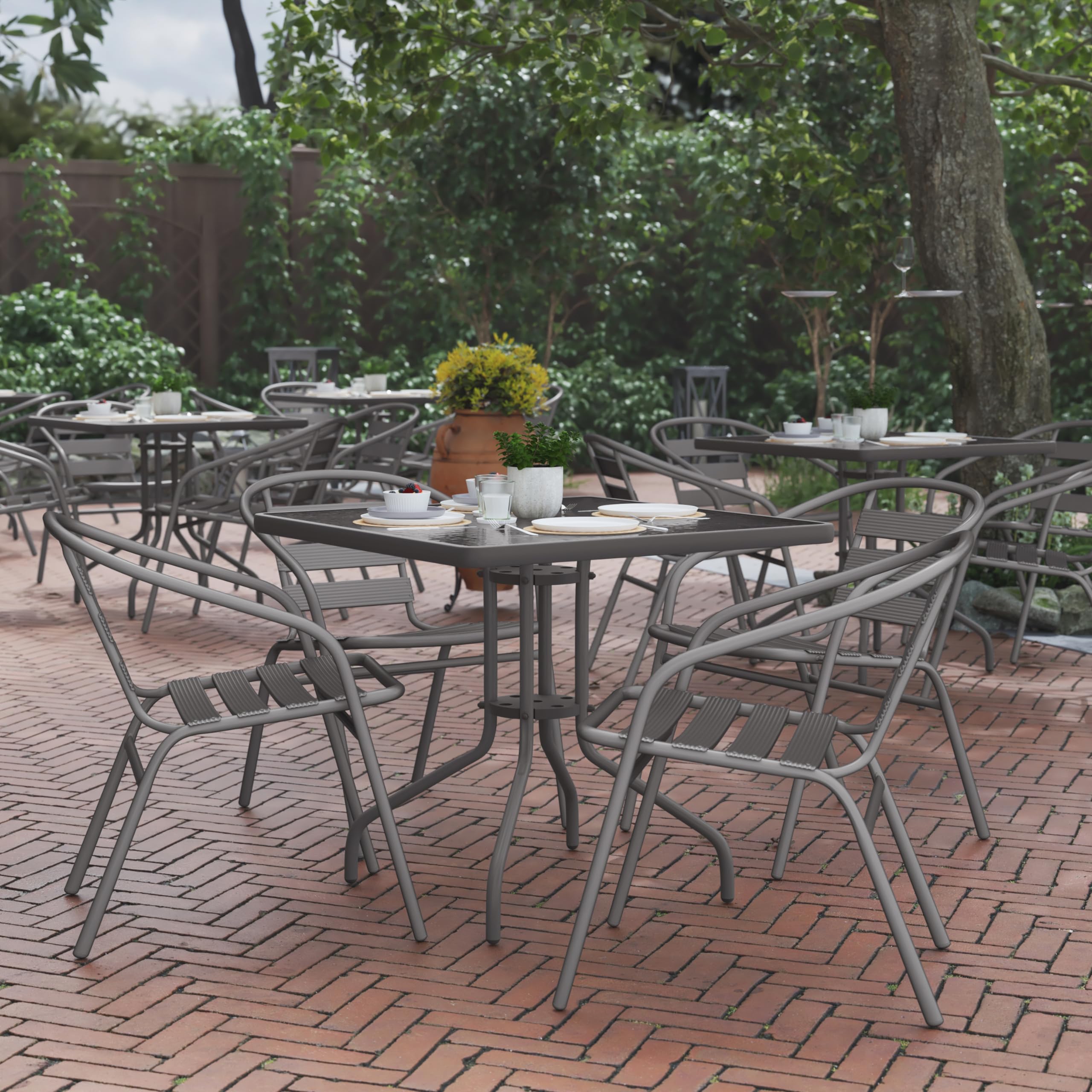 Flash Furniture TLH-0732SQ-017CSV4-GG Lila 31.5'' Square Glass Table with 4 Metal Aluminum Slat Stack Chairs, Silver