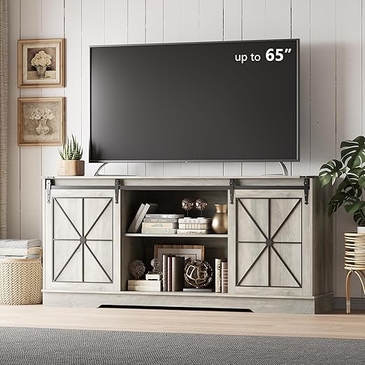 Farmhouse TV Stand with Sliding Barn Doors - 59 Inch Media Console