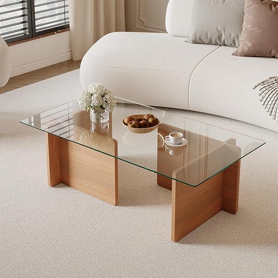 Glass Coffee Table with Wooden Base