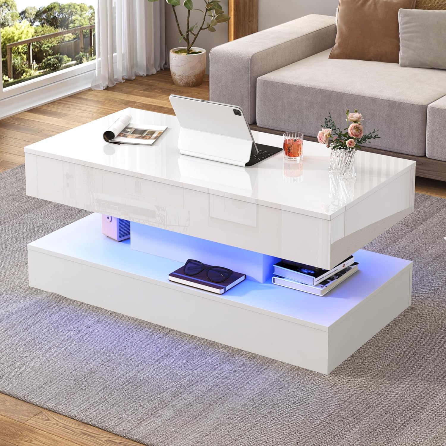 Lift Top Coffee Table with LED Lights and Storage