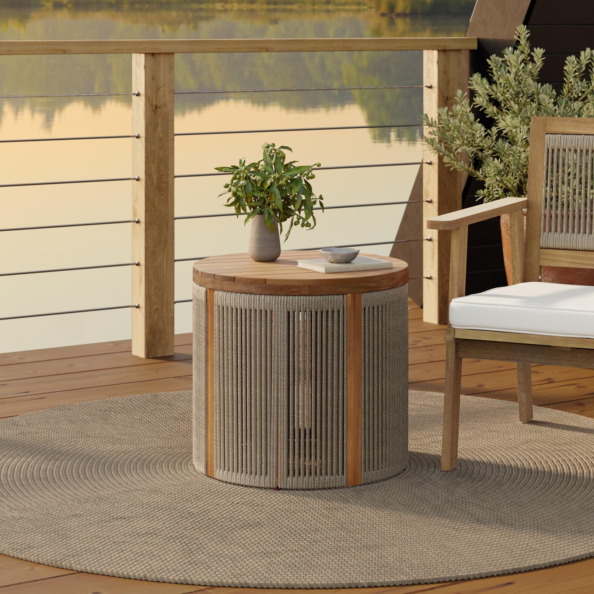 Outdoor Coffee Table - 17" Rope Acacia Wood Round Side Table