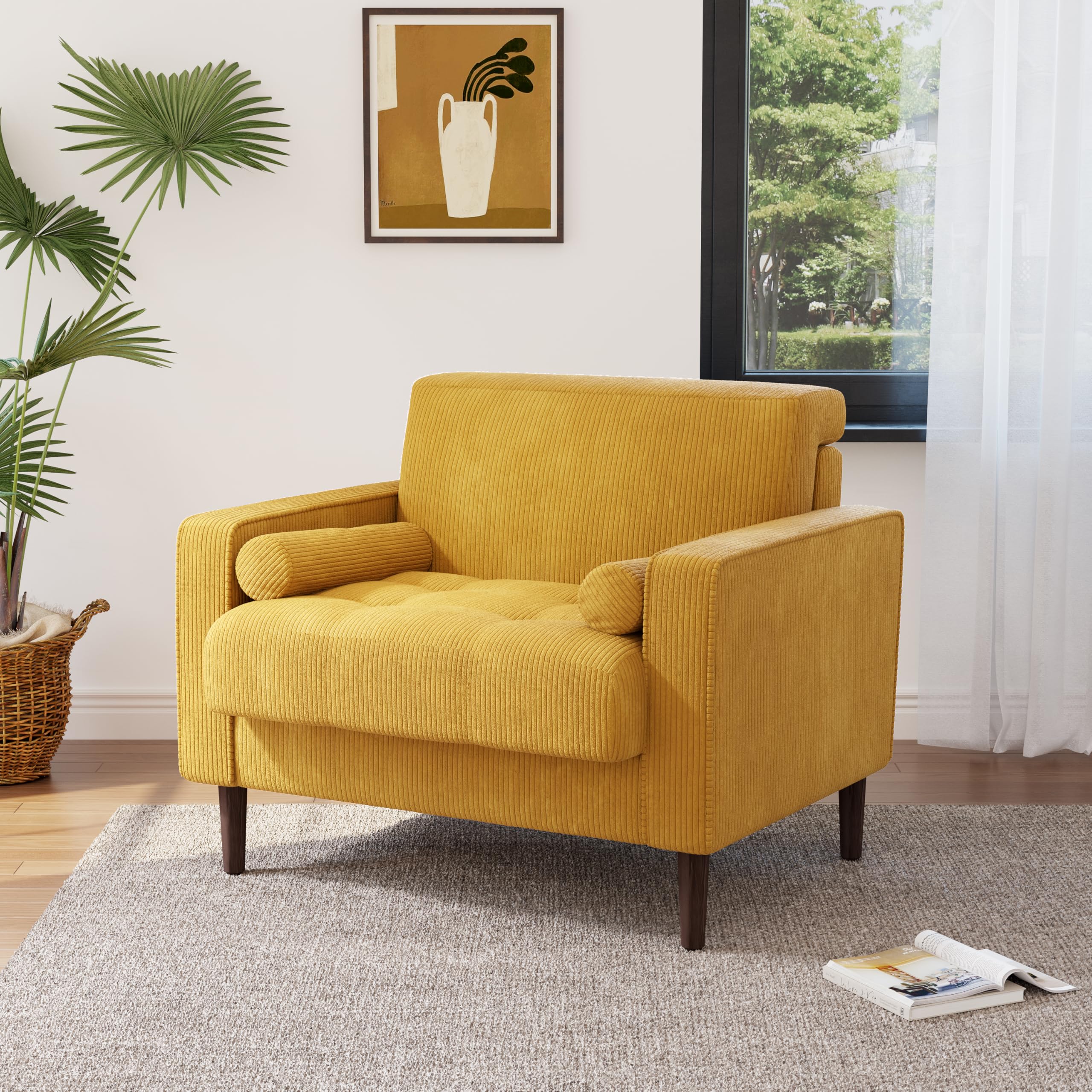 Corduroy Accent Chair with Large Seat - Yellow