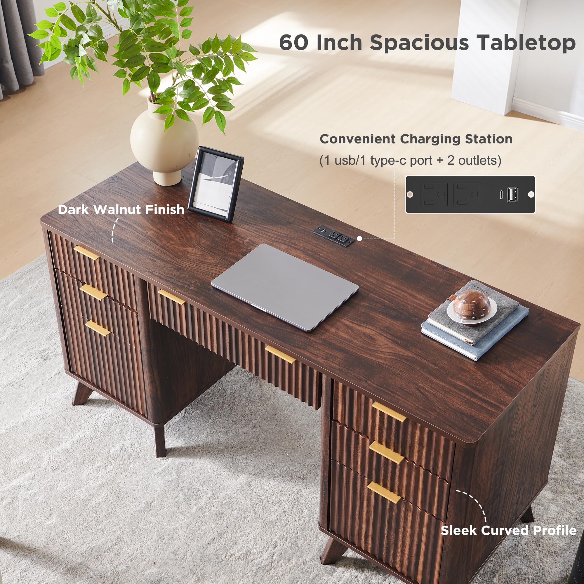 60" Executive Desk with Charging Station