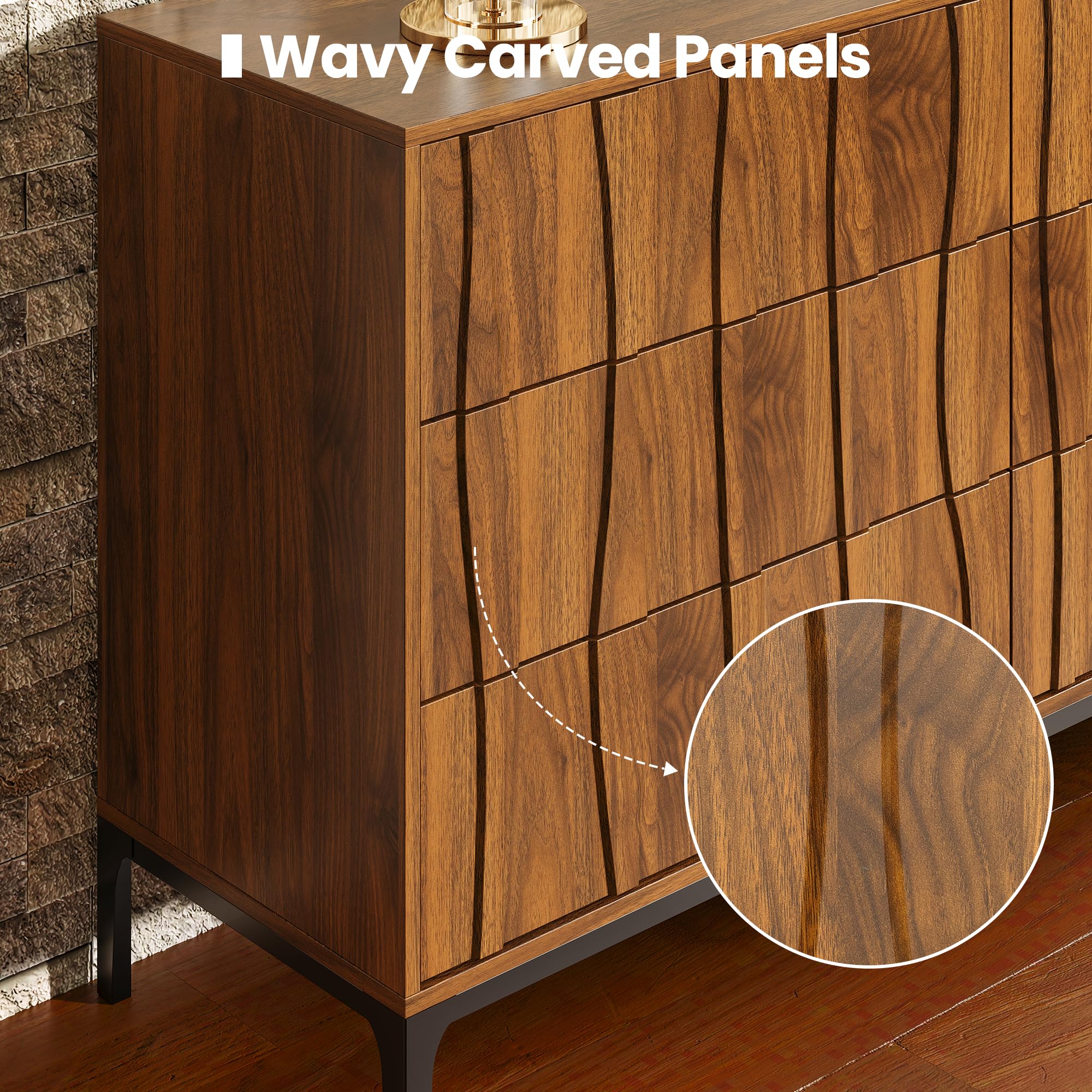 6-Drawer Dresser 54" Walnut Finish Wave Front with Push-to-Open