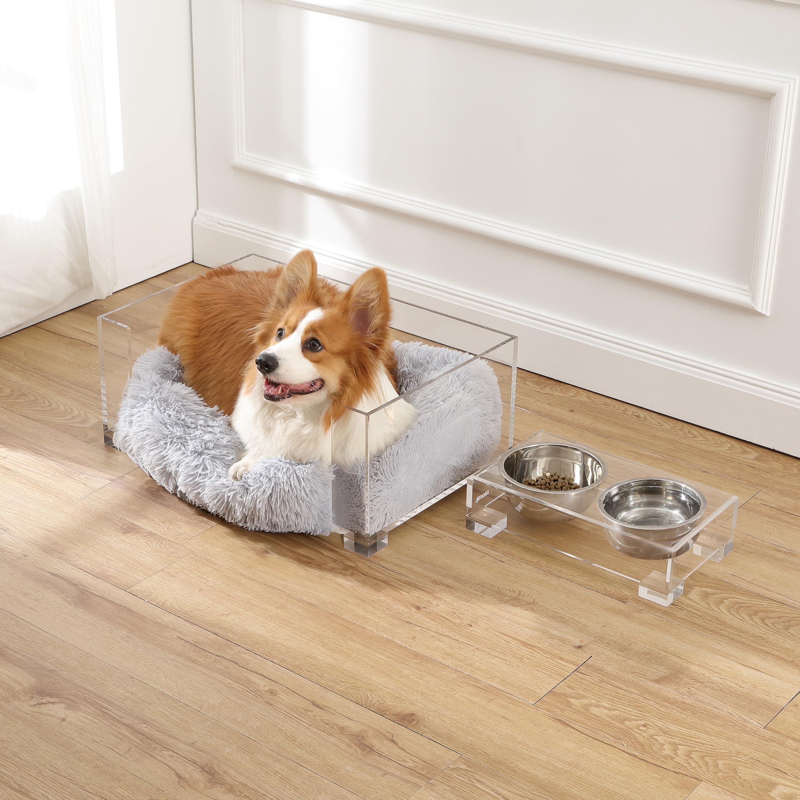 Small Pet Bed with Elevated Feeder Set