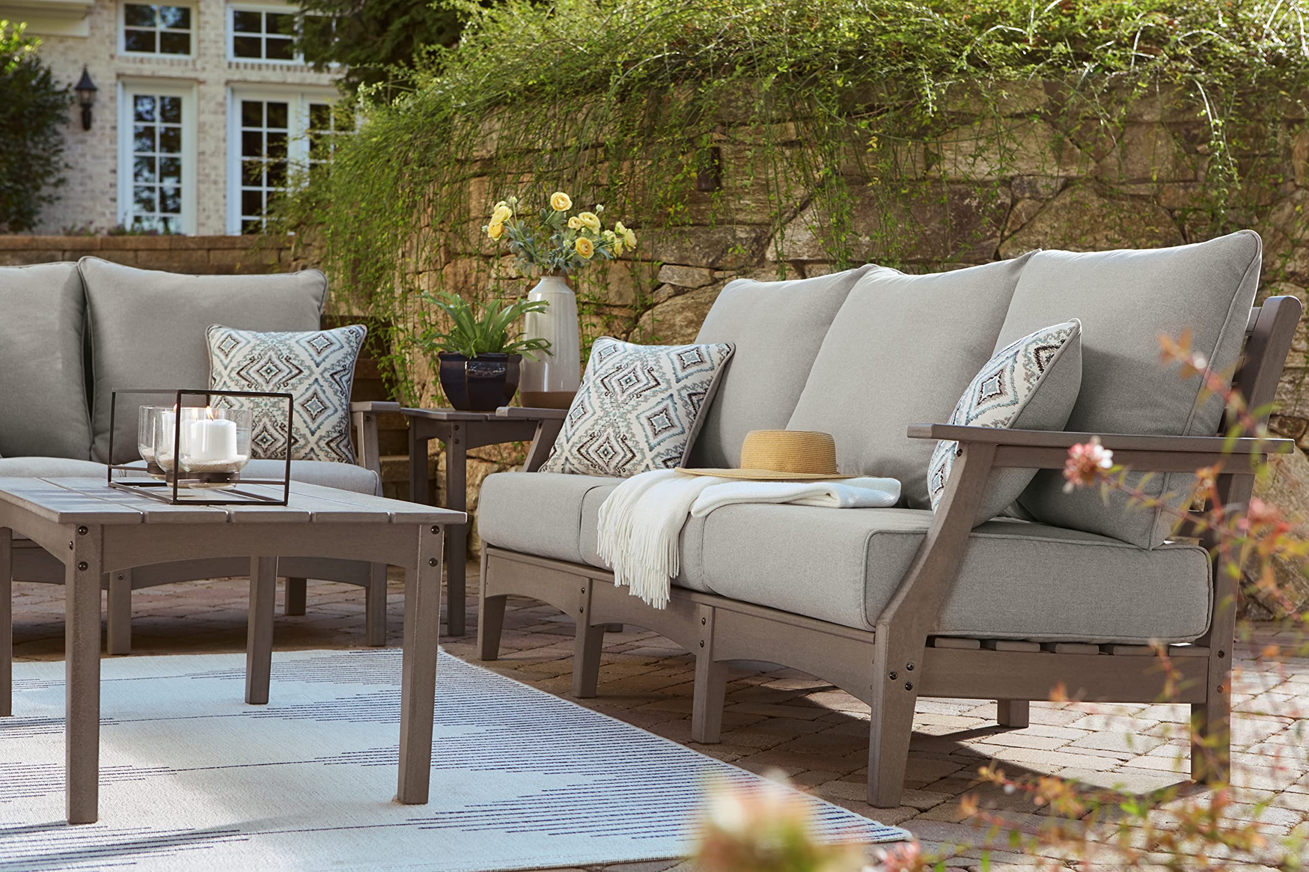 Outdoor Patio Sofa with All-Weather Cushion and 2 Throw Pillows