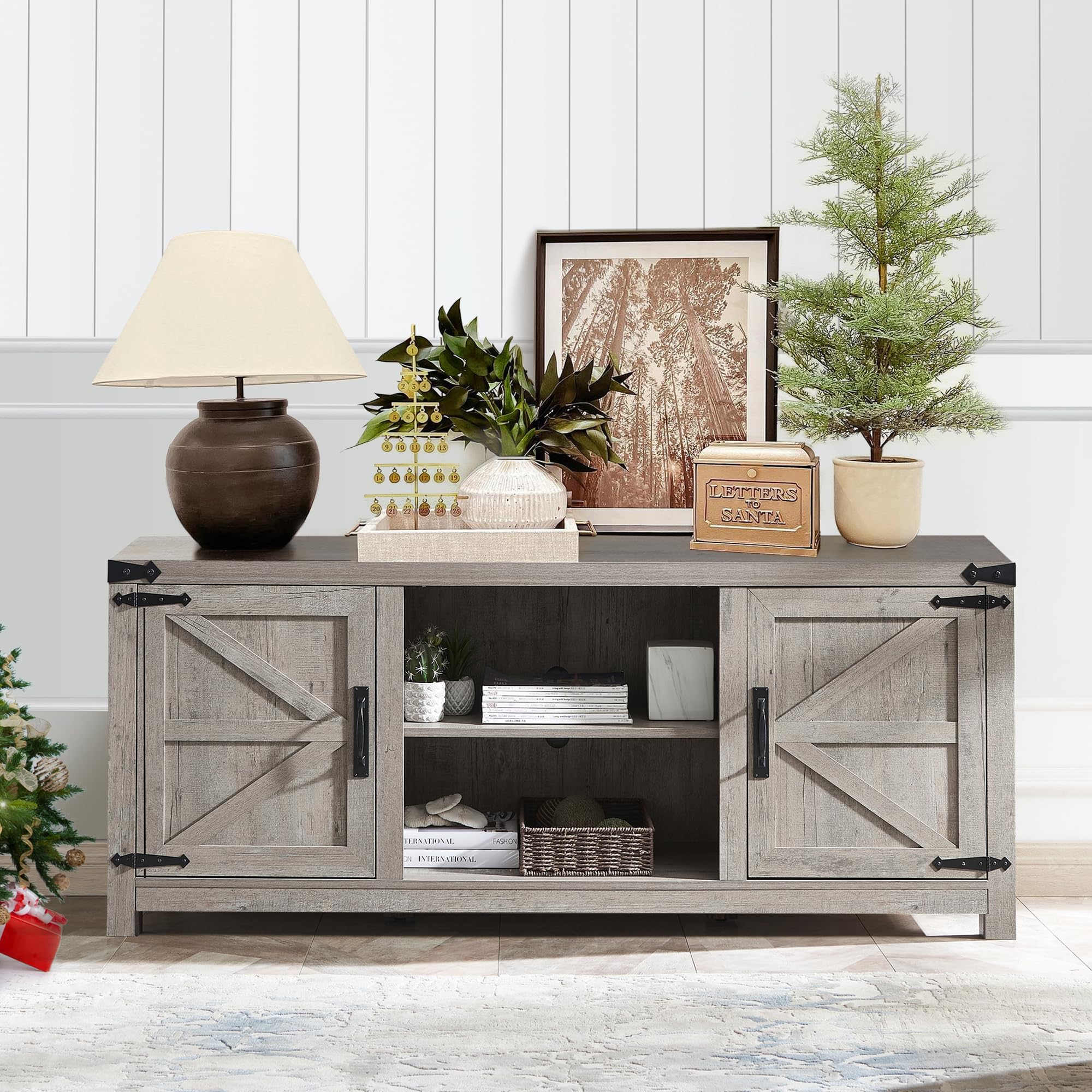 66 Inch Farmhouse TV Stand with Barn Door Cabinets