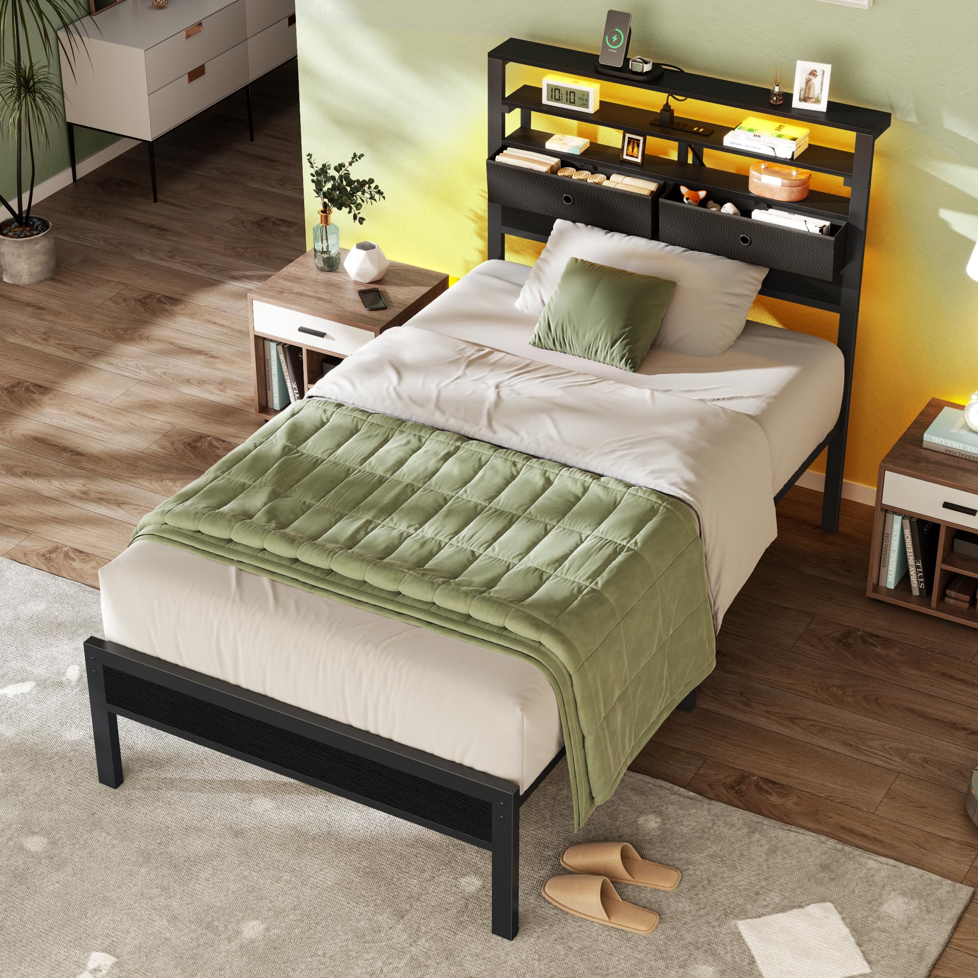 Twin Platform Bed with LED Lights and Charging Station
