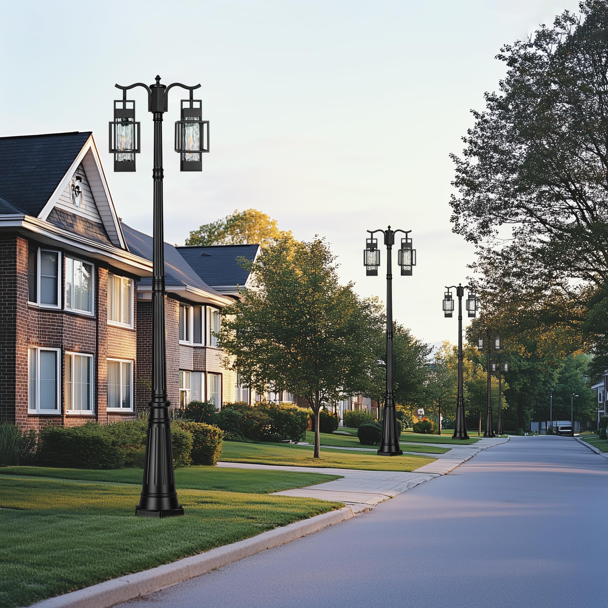 Modern Outdoor Lamp Post Light 2-Head with Water Glass Shade
