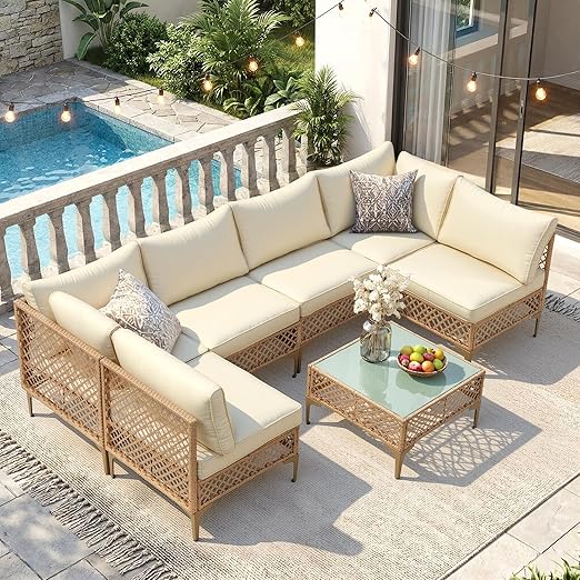 7 Piece Outdoor Wicker Modular Sectional Patio Conversation Set with Cushions & Glass Coffee Table