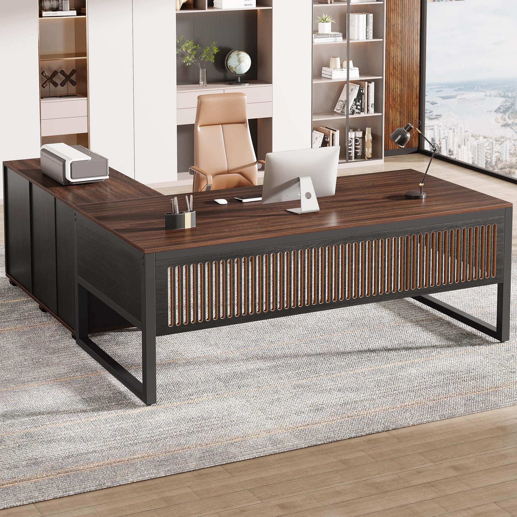 63-Inch L-Shaped Executive Desk with Mobile File Cabinet
