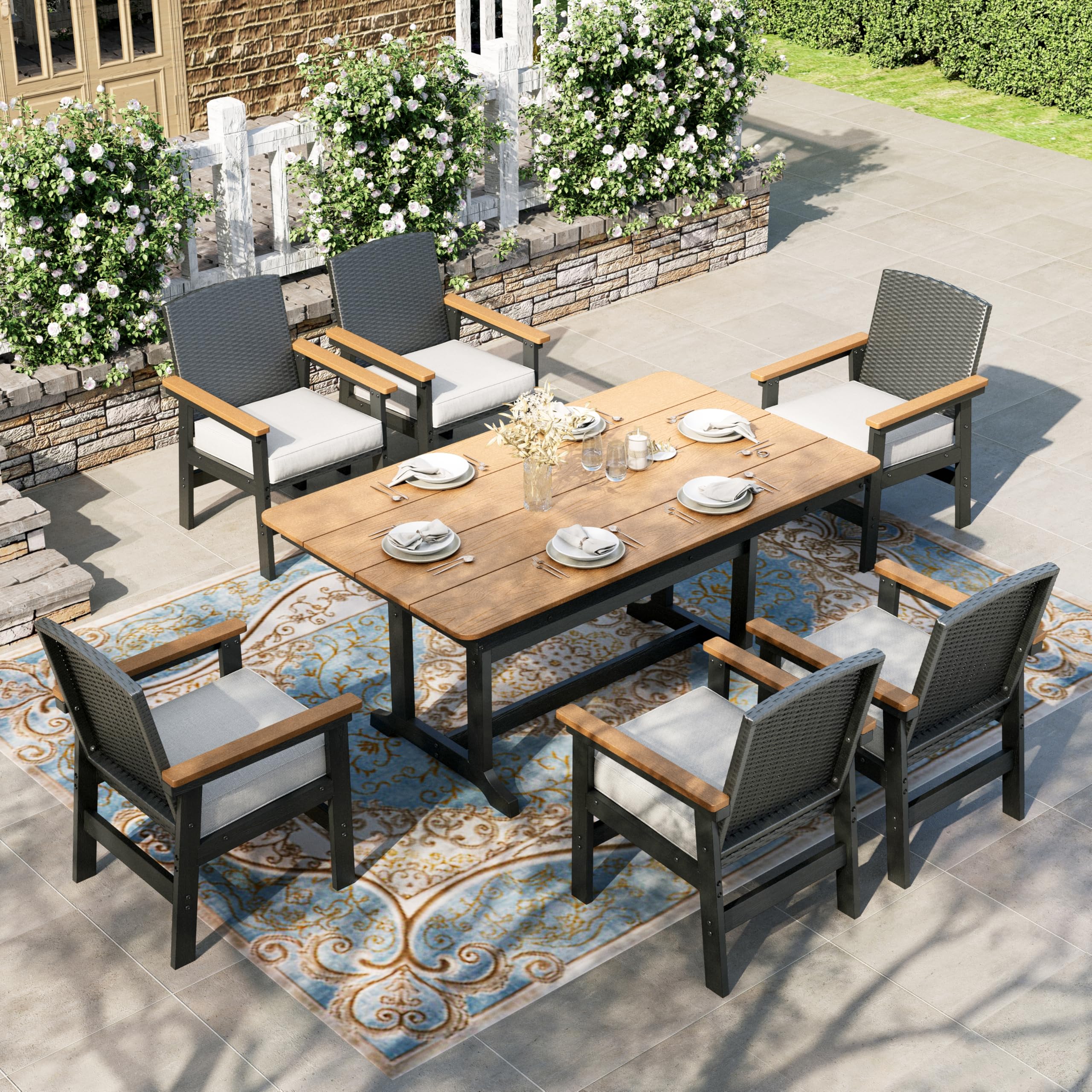 7-Piece Patio Dining Set with HDPE Table and Wicker Chairs