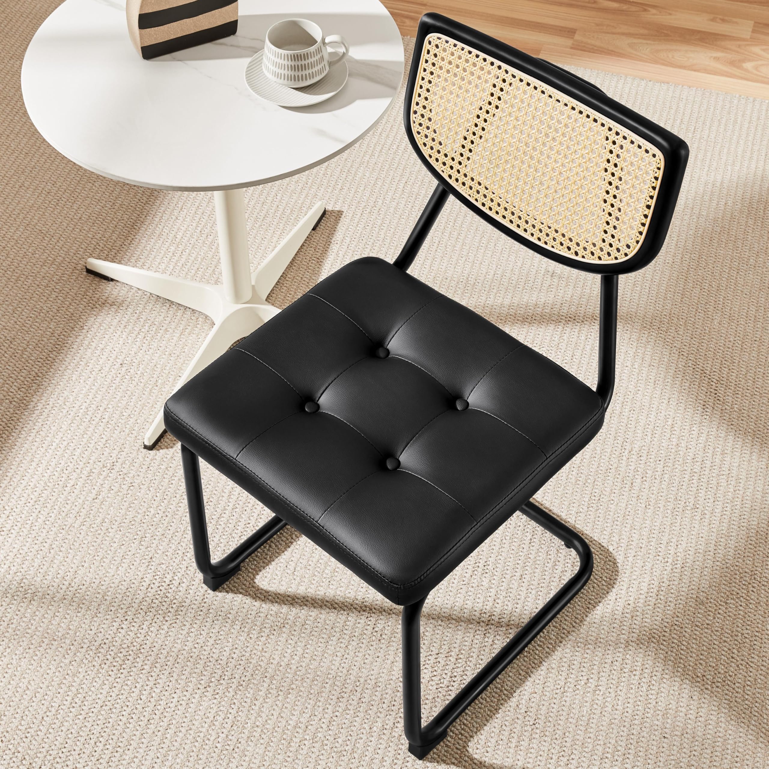 Rattan Dining Chairs Set of 2 - Mid Century Modern with Chrome Legs