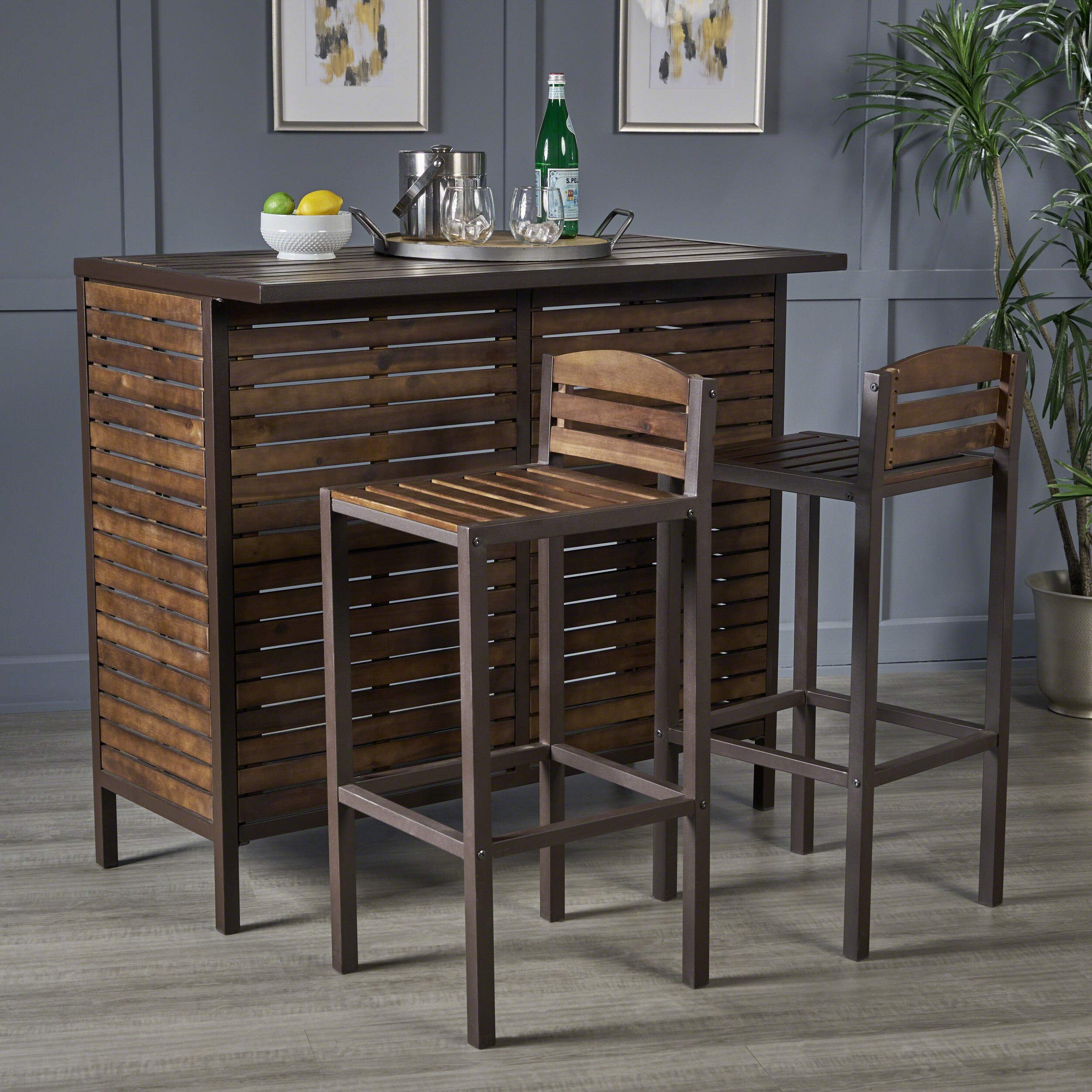 Acacia Wood Outdoor Bar Set with Rustic Metal Accents