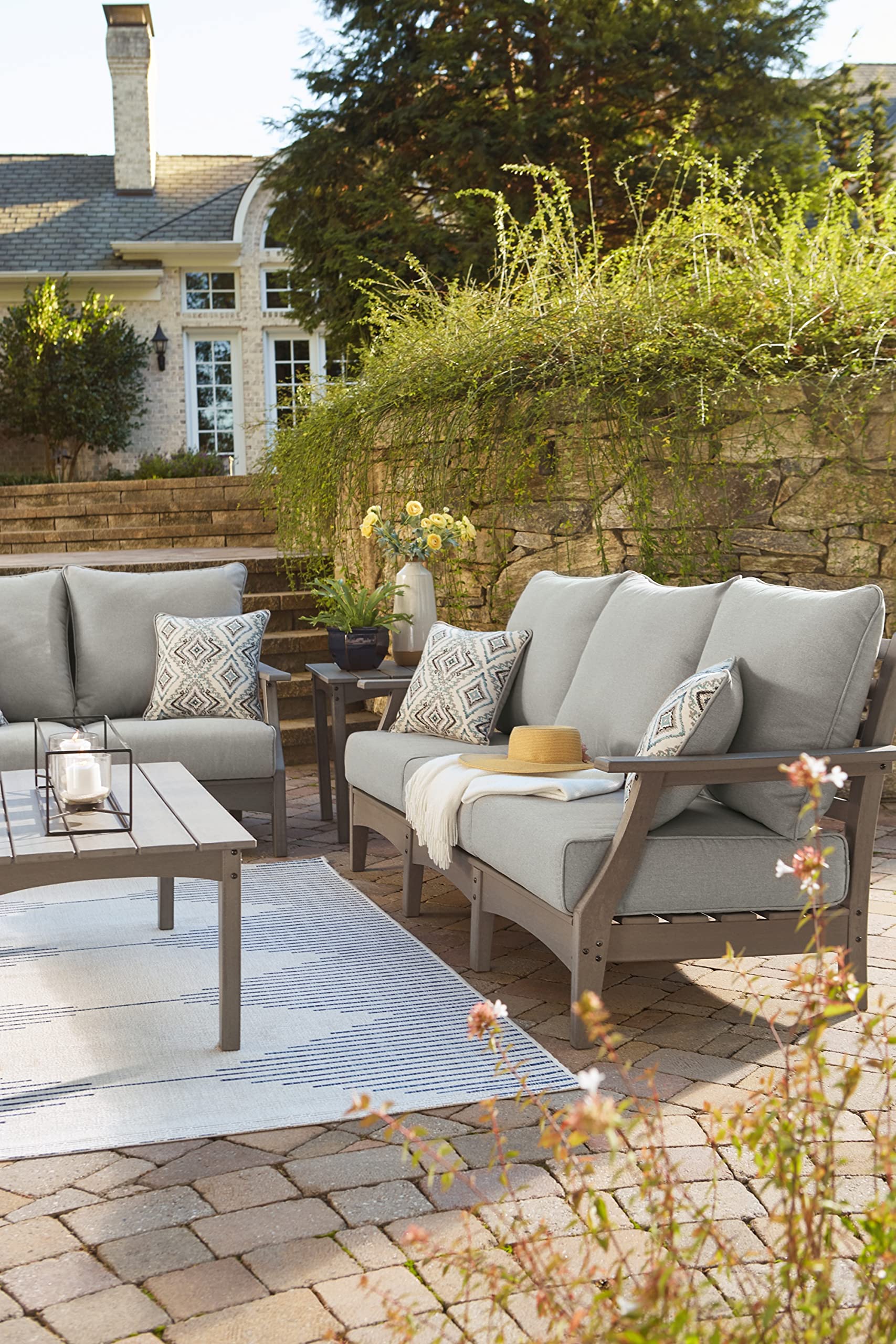 Outdoor Patio Sofa with All-Weather Cushion and 2 Throw Pillows