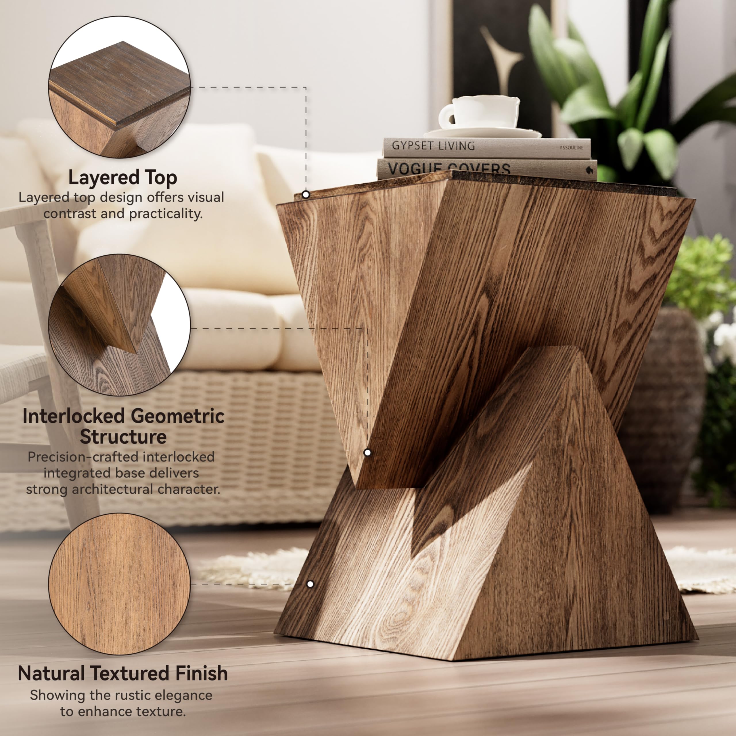 COZAYH Modern Geometric Wood Grain End Table with Structural Design, Farmhouse Side Table with Sculptural Pedestal Base for Living Room, Bedroom, Office, Fully Assembled (Natural)
