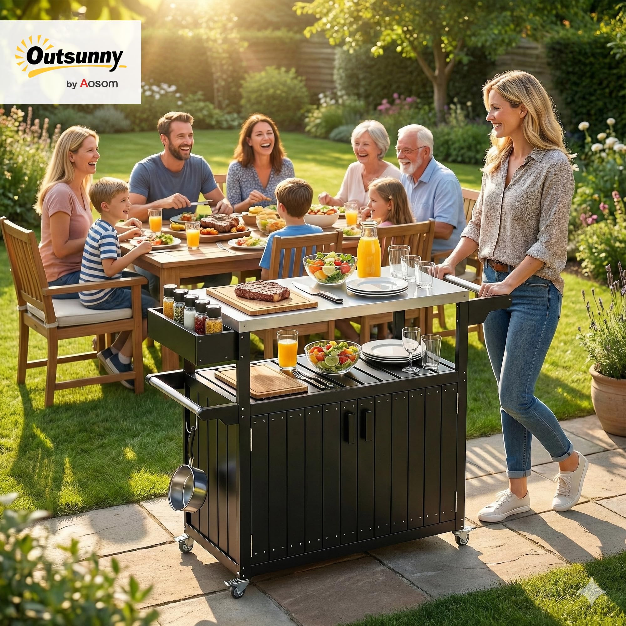Outdoor Bar Cart with Storage Cabinet