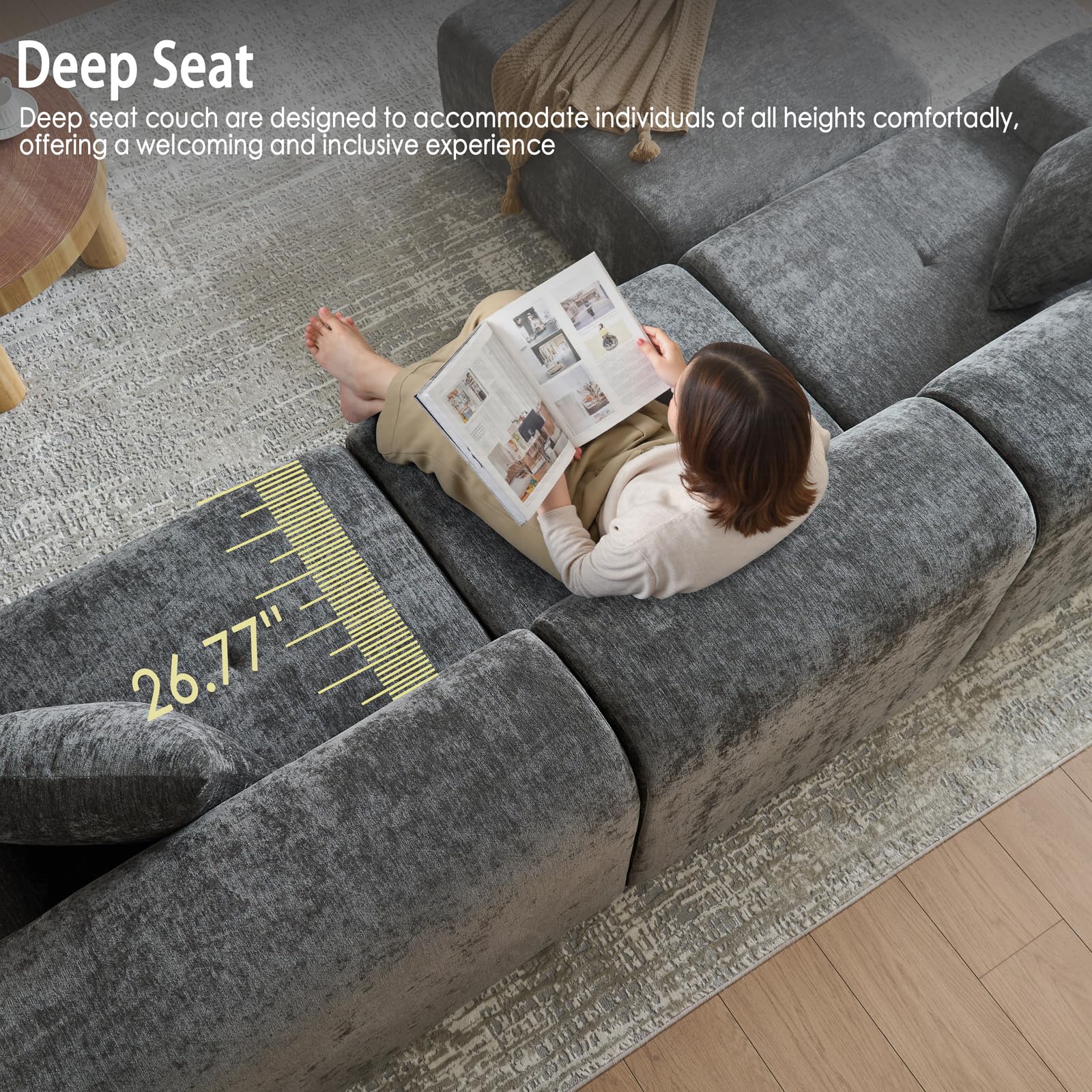 118" L-Shaped Modular Sectional Sofa with Deep Seat and Ottoman