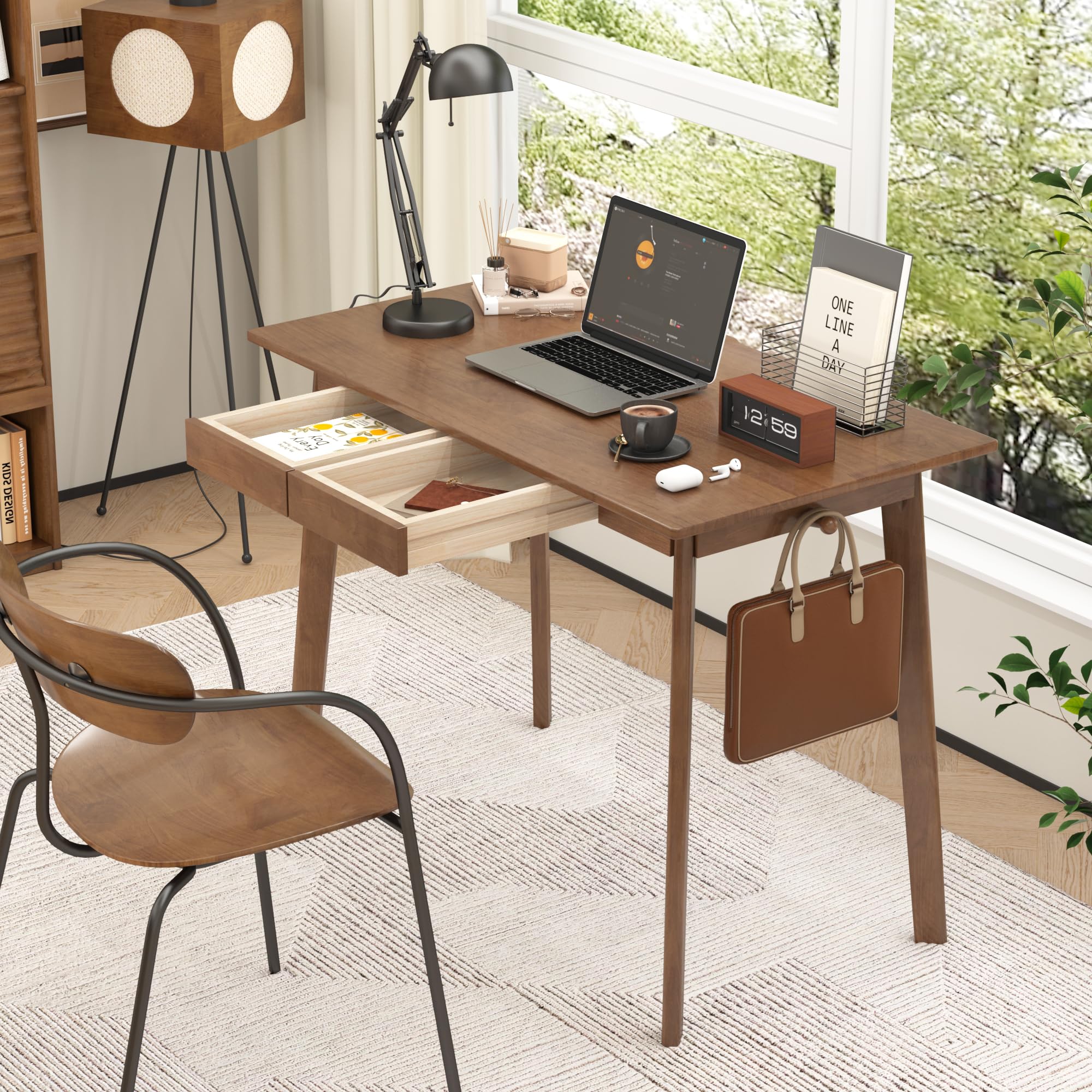 Solid Wood Desk with Drawers 40 Inch Mid Century Modern