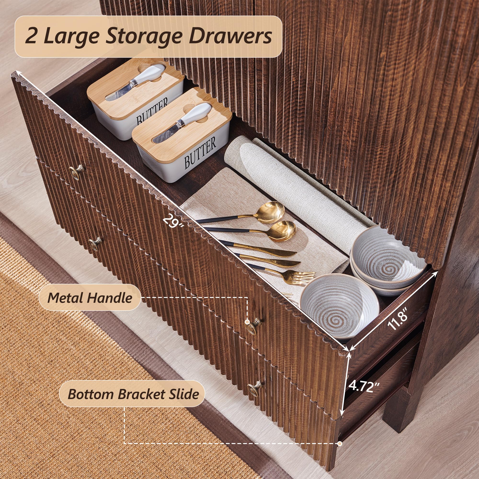 71" Tall Arched Pantry Cabinet with Adjustable Shelves and Drawers