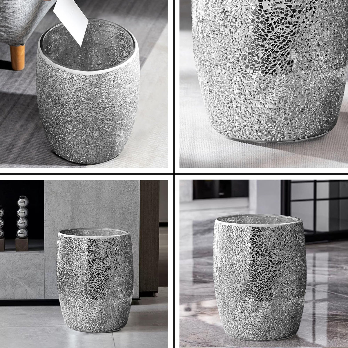 Modern Bathroom Trash Can Silver Mosaic Glass 5L
