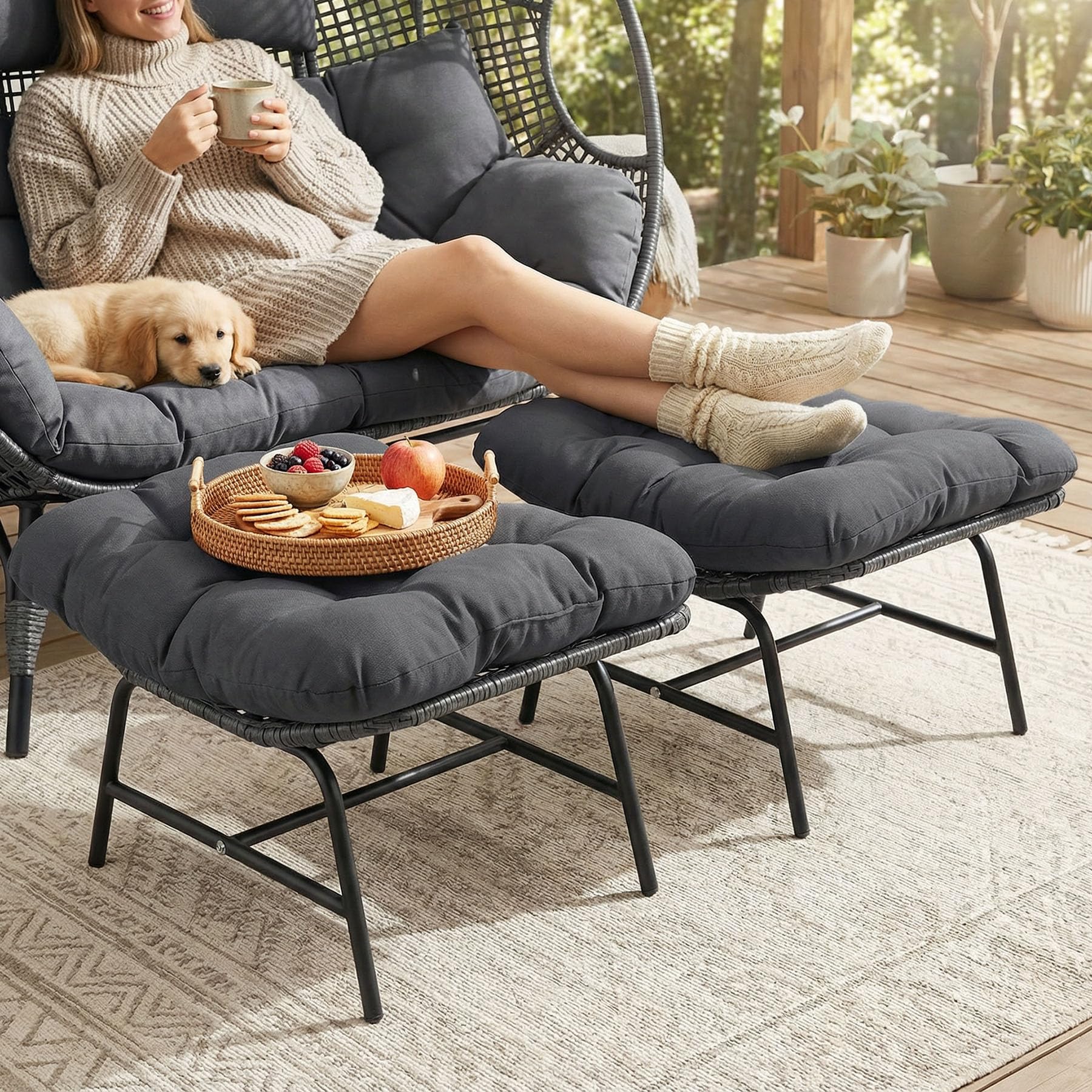 Outdoor Patio Ottomans Set with Cushions