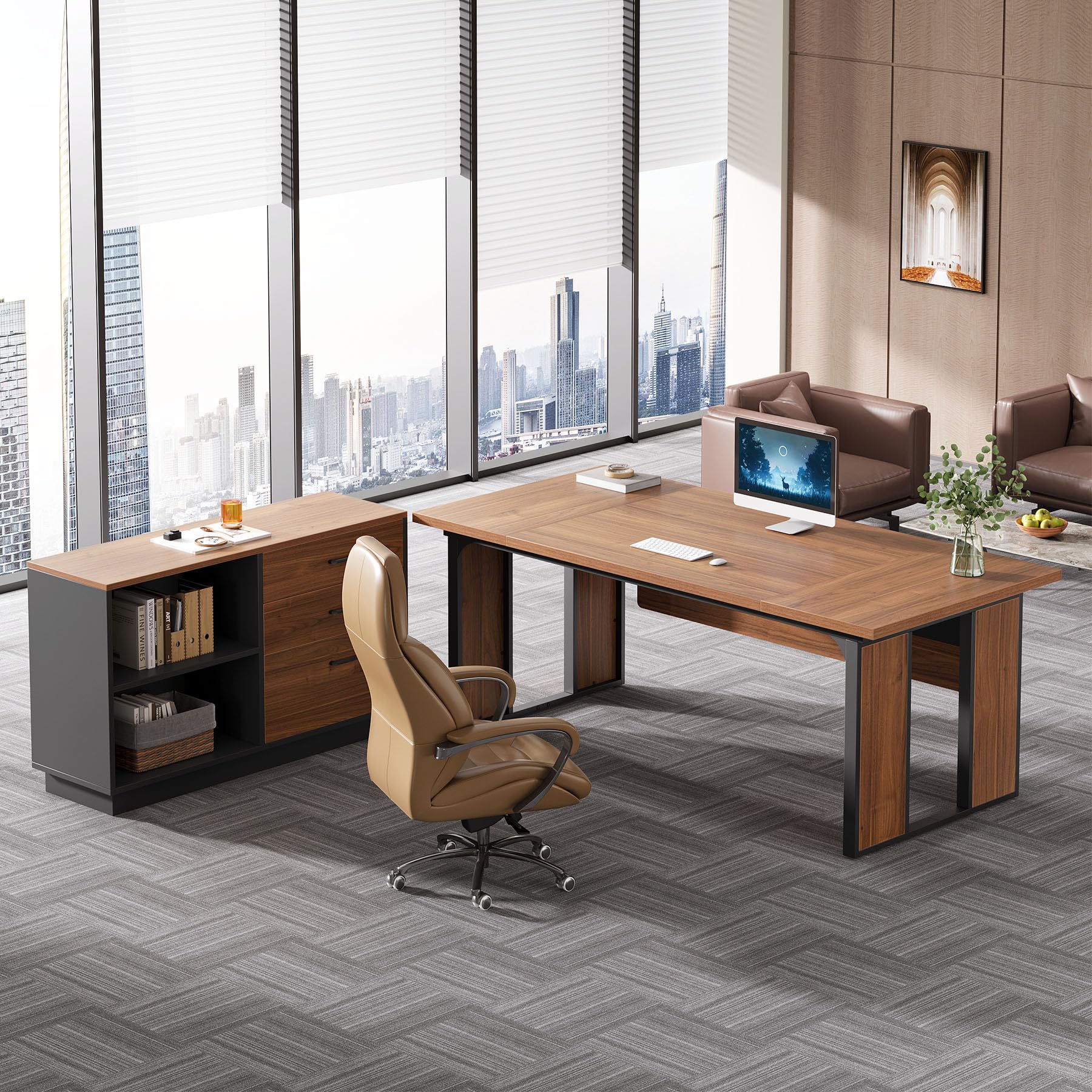 63'' L-Shaped Executive Desk with Drawers Cabinet and Storage Shelves