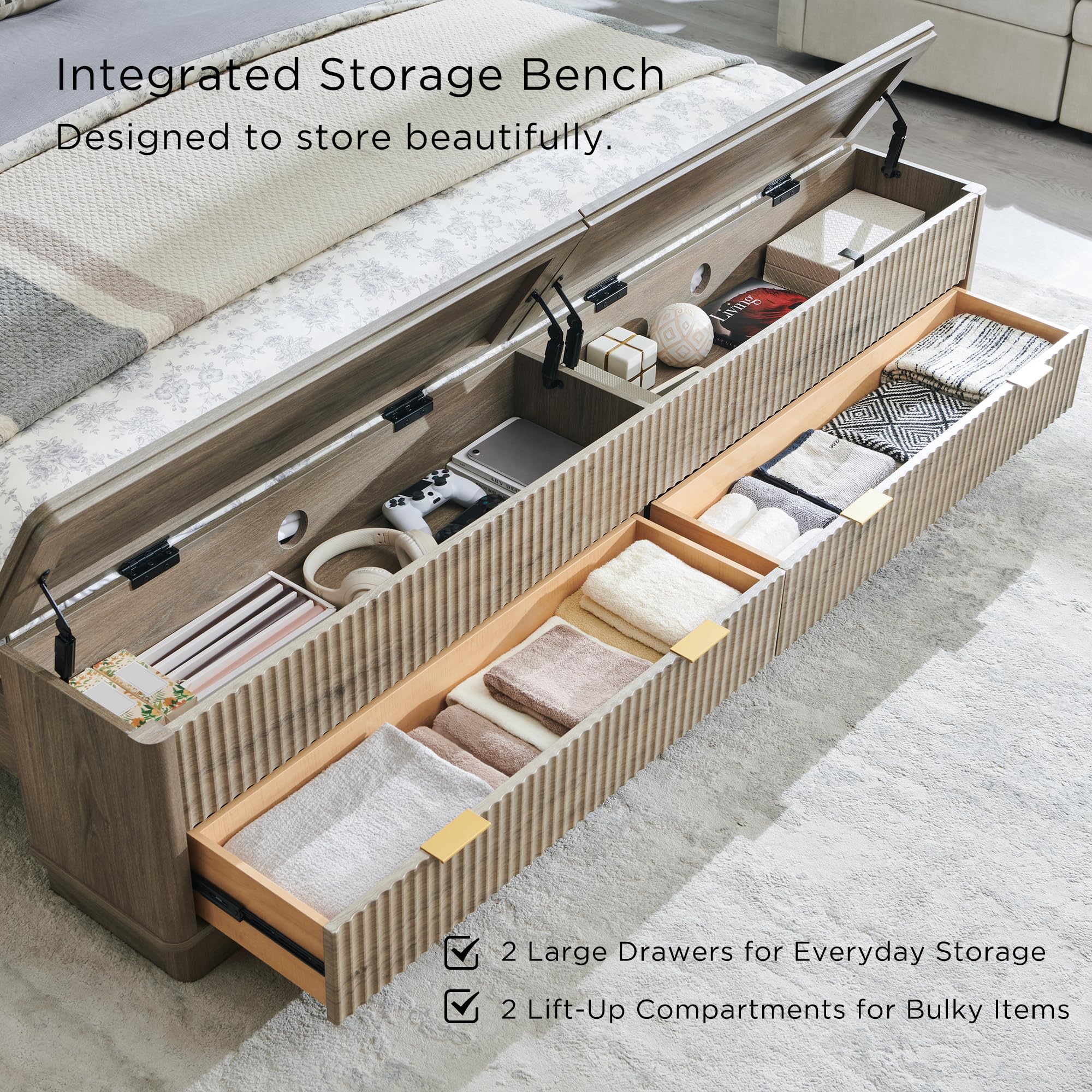 King Size Fluted Platform Bed with Storage