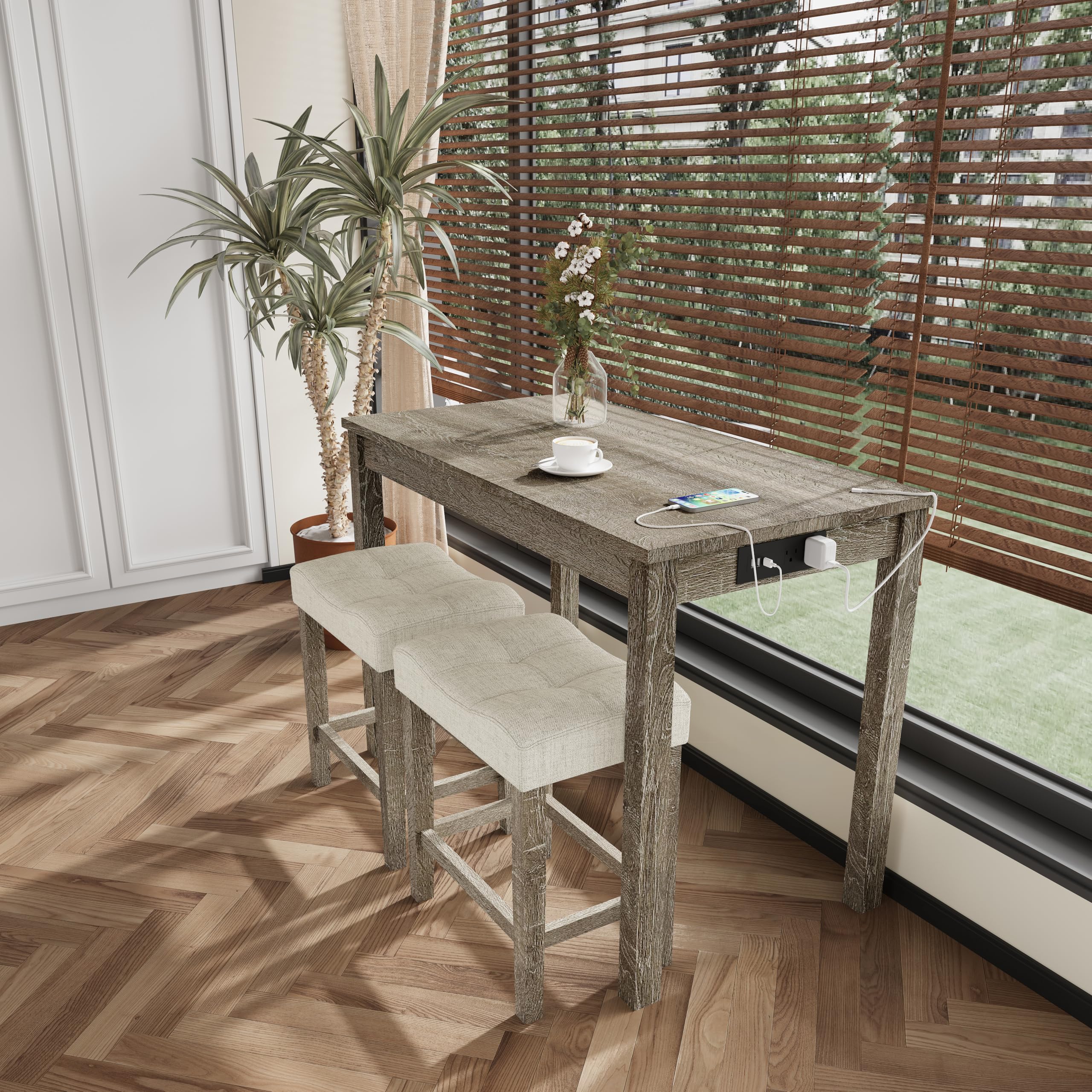 3-Piece Counter Height Bar Table Set with USB Charging