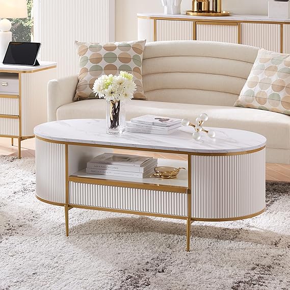 Modern Luxury Fluted Coffee Table 48" Oval with Drawer