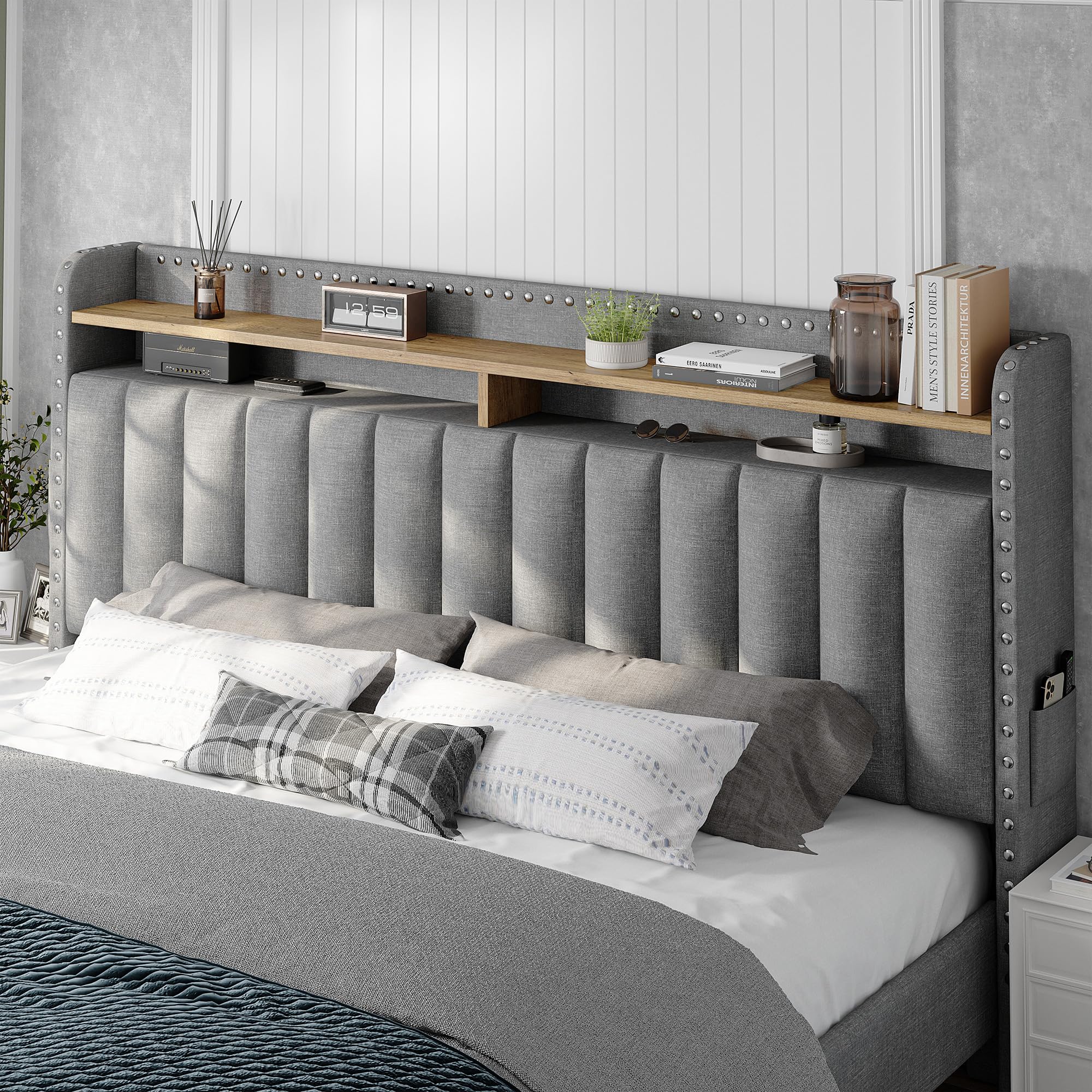 Queen Size Upholstered Bed Frame with Storage Drawers
