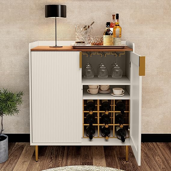 Modern Wine Bar Cabinet with Fluted Door and Glass Holder