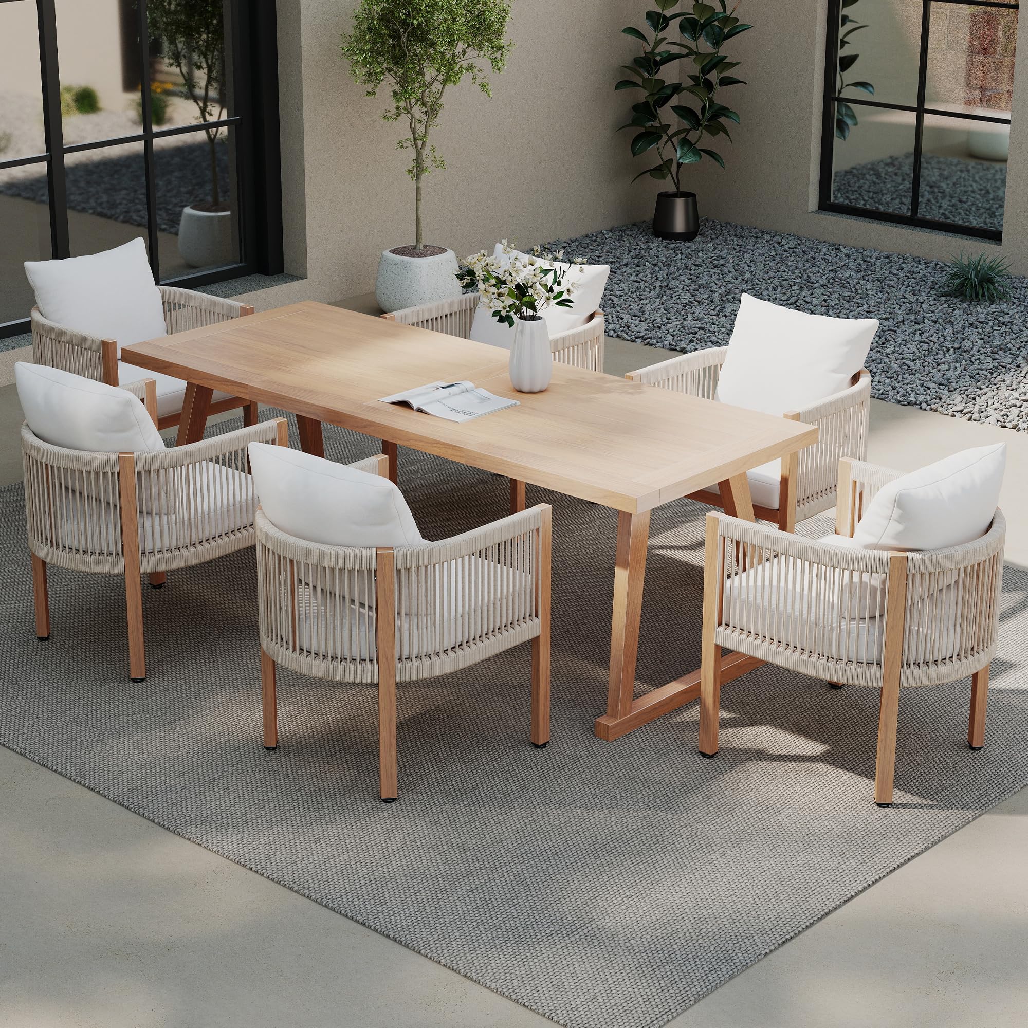 DAYARUS Patio Dining Chairs Set of 6, Rope Rattan Patio Furniture Set, All Weather Outdoor Dining Chairs with Cushions, Metal Barrel Dining Room Chair, Modern Kitchen Chair for Balcony/Porch, Beige