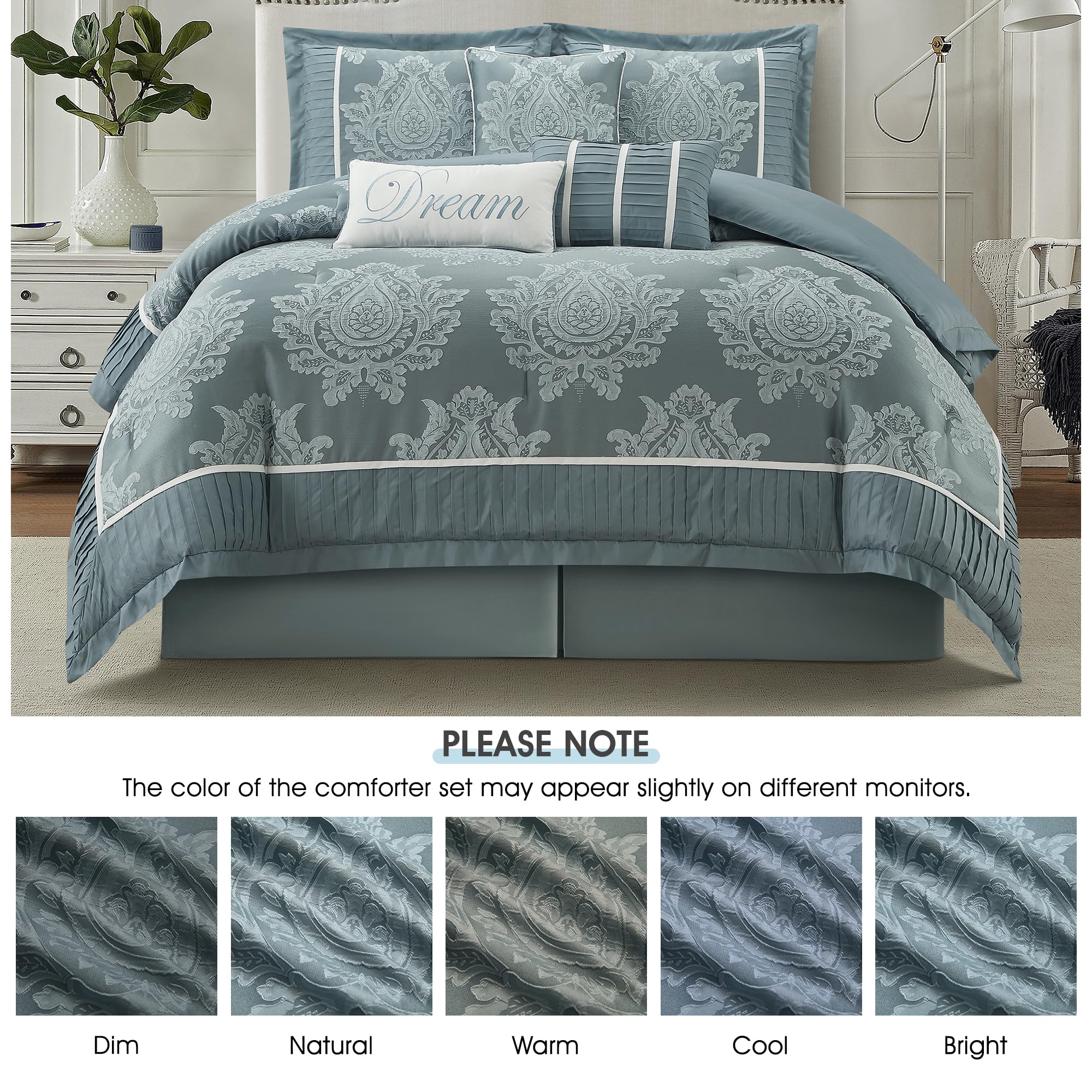 Blue King Size Damask Comforter Set - 7 Pieces