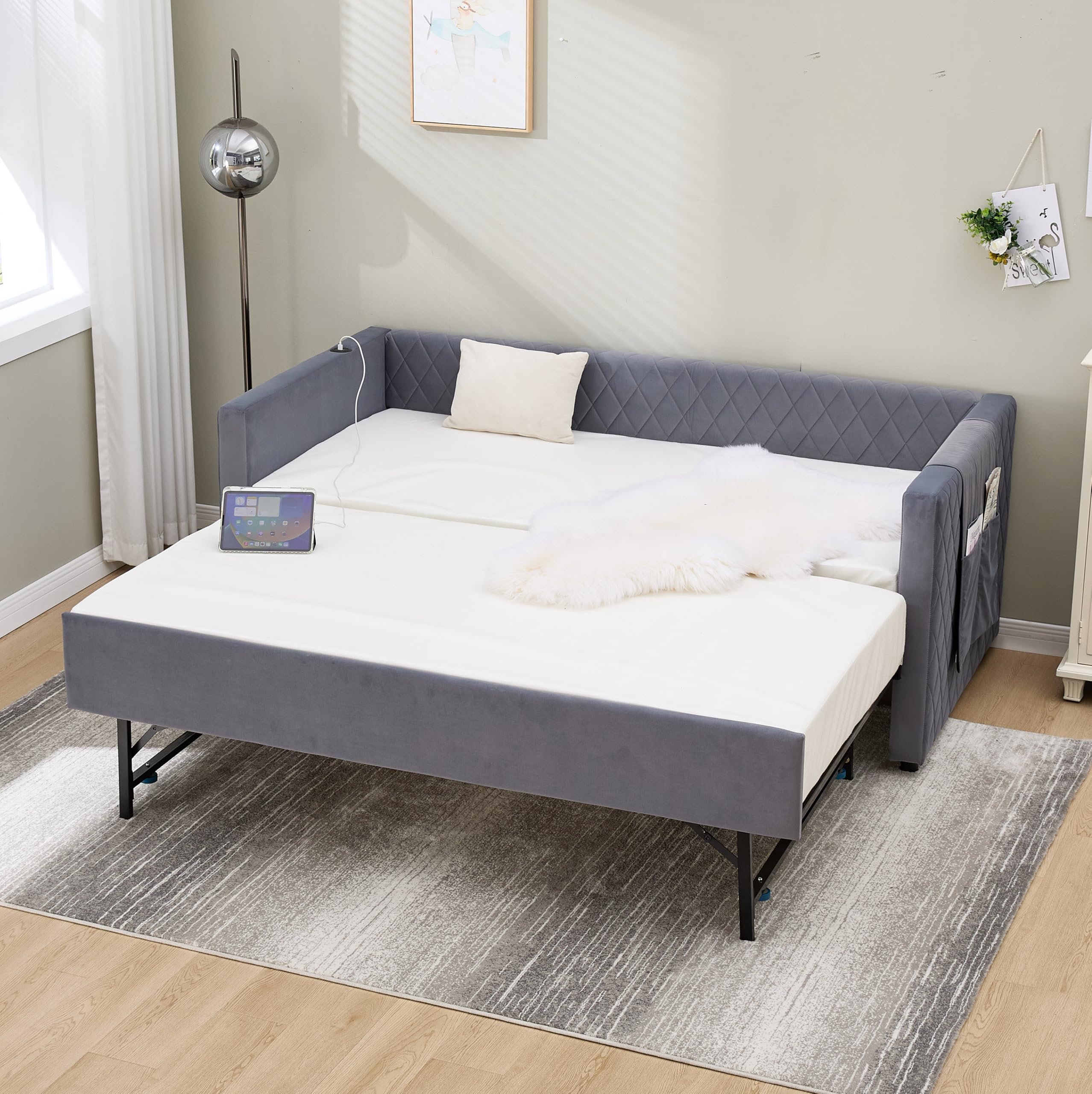 Twin Size Upholstered Daybed with Trundle and Charging Station