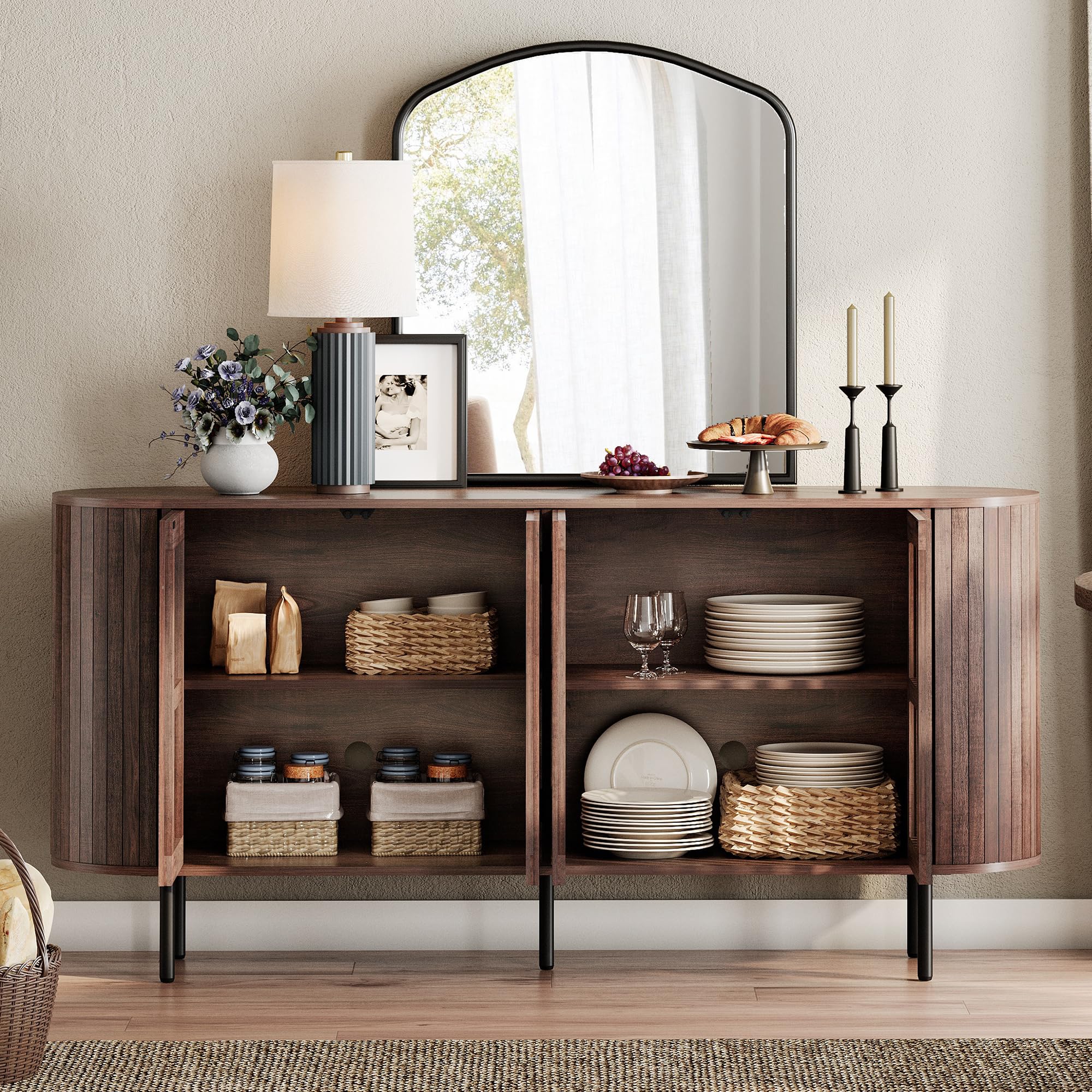 Fluted Sideboard Buffet Cabinet with 4 Doors