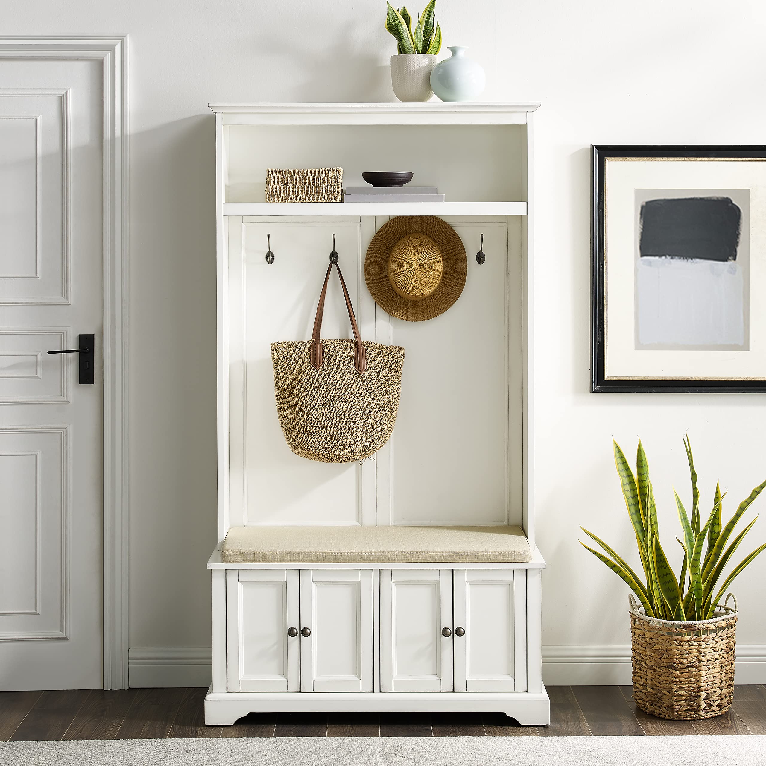 Holbrook Hall Tree with Shoe Rack Bench and Coat Hooks - Distressed White