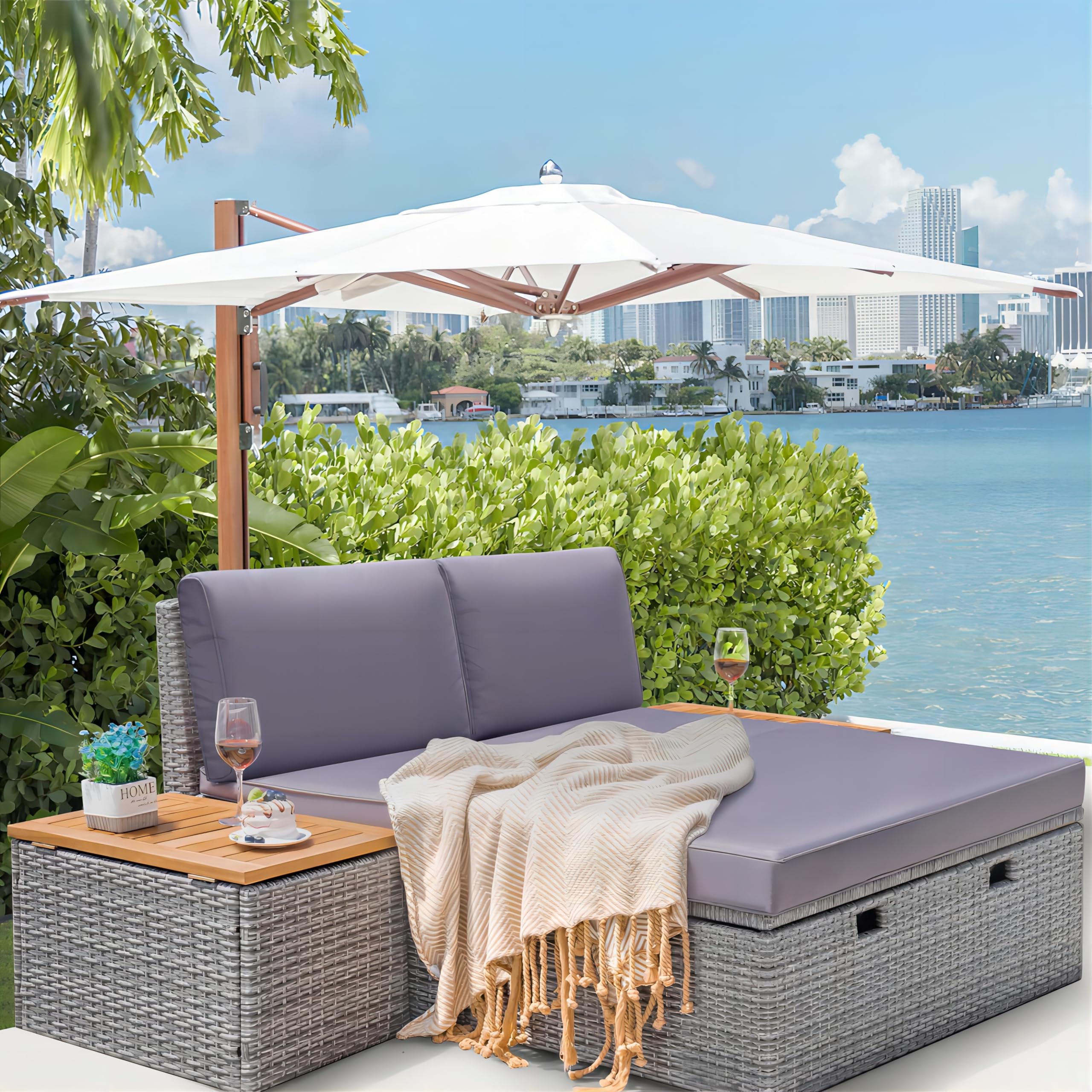 Outdoor Daybed Set with Storage Bench and Side Tables