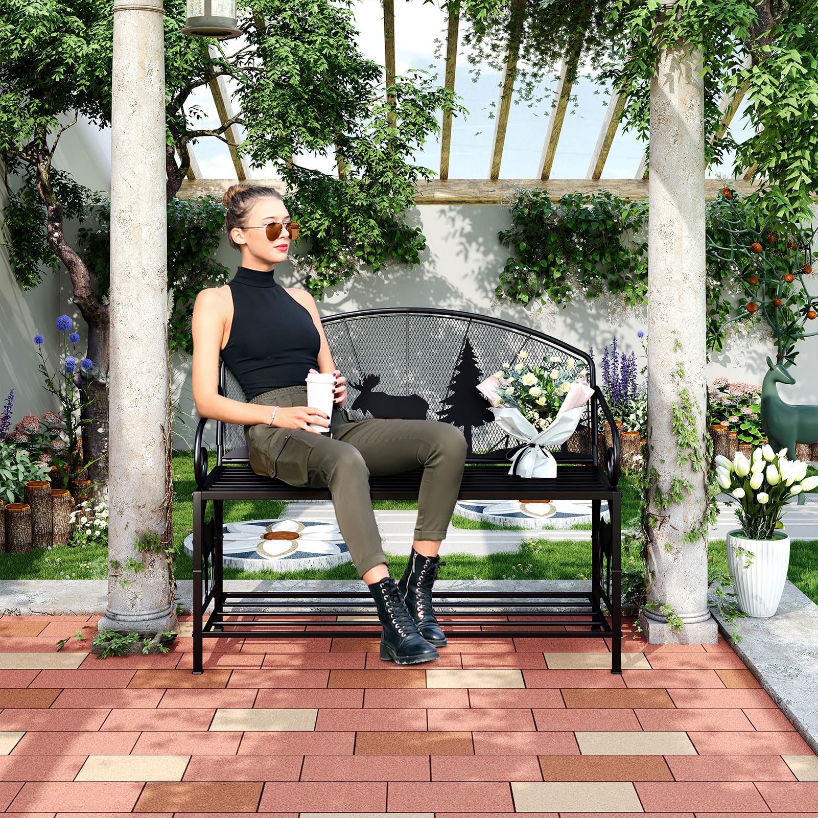 Metal Outdoor Garden Bench with Forest Pattern Backrest