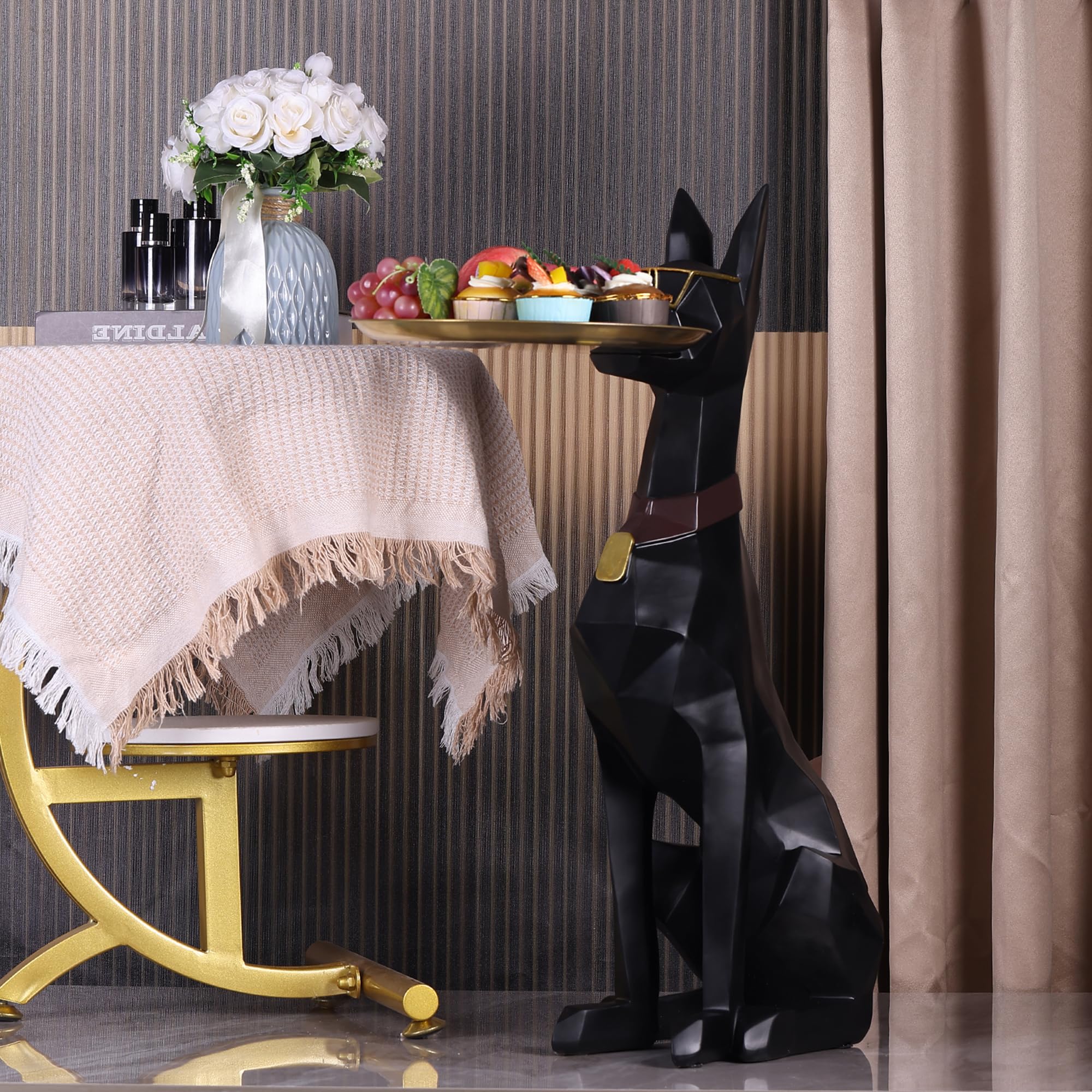 Geometric Dog Butler Statue Accent Table with Tray