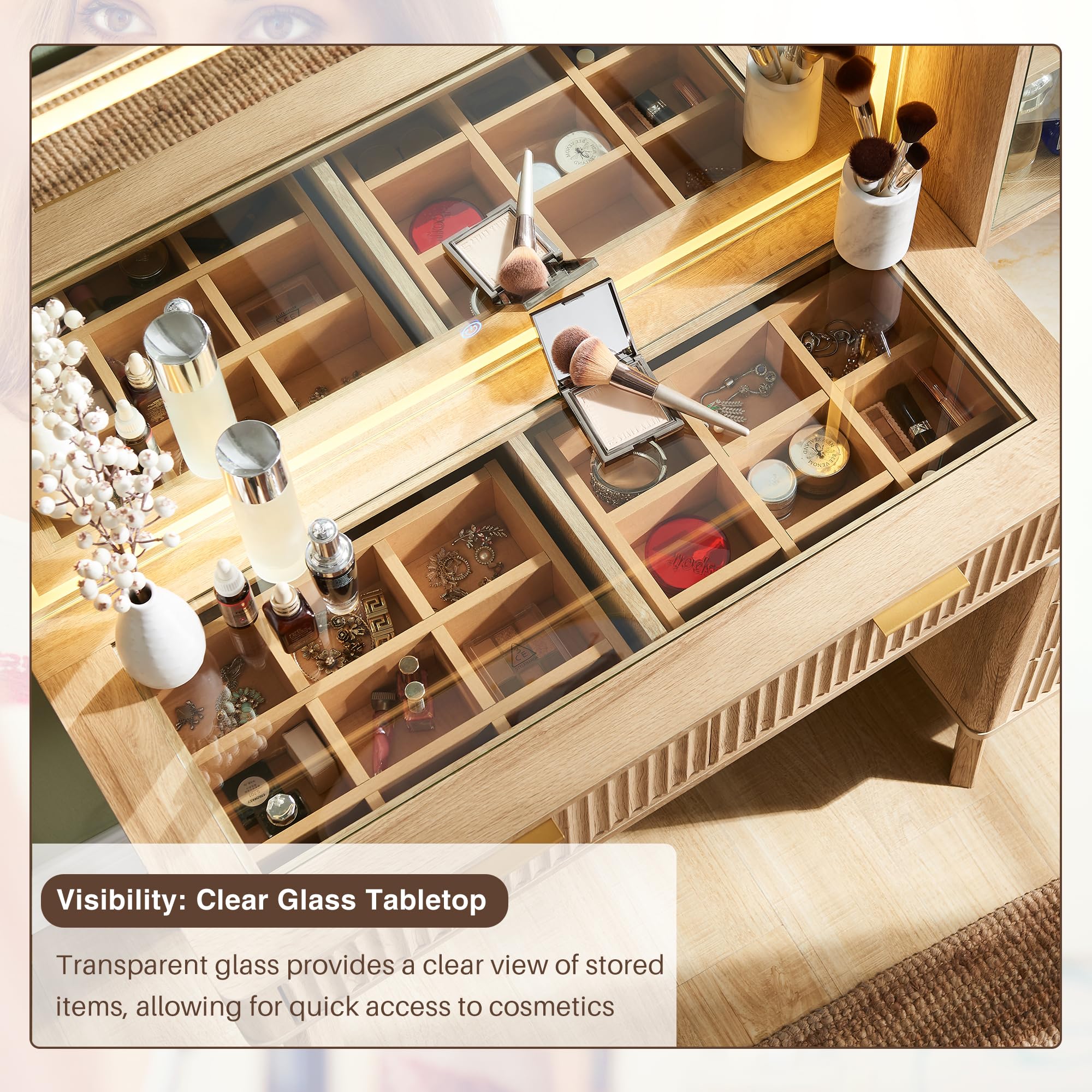 48 Inch Fluted Makeup Vanity Desk with Mirror and Lights