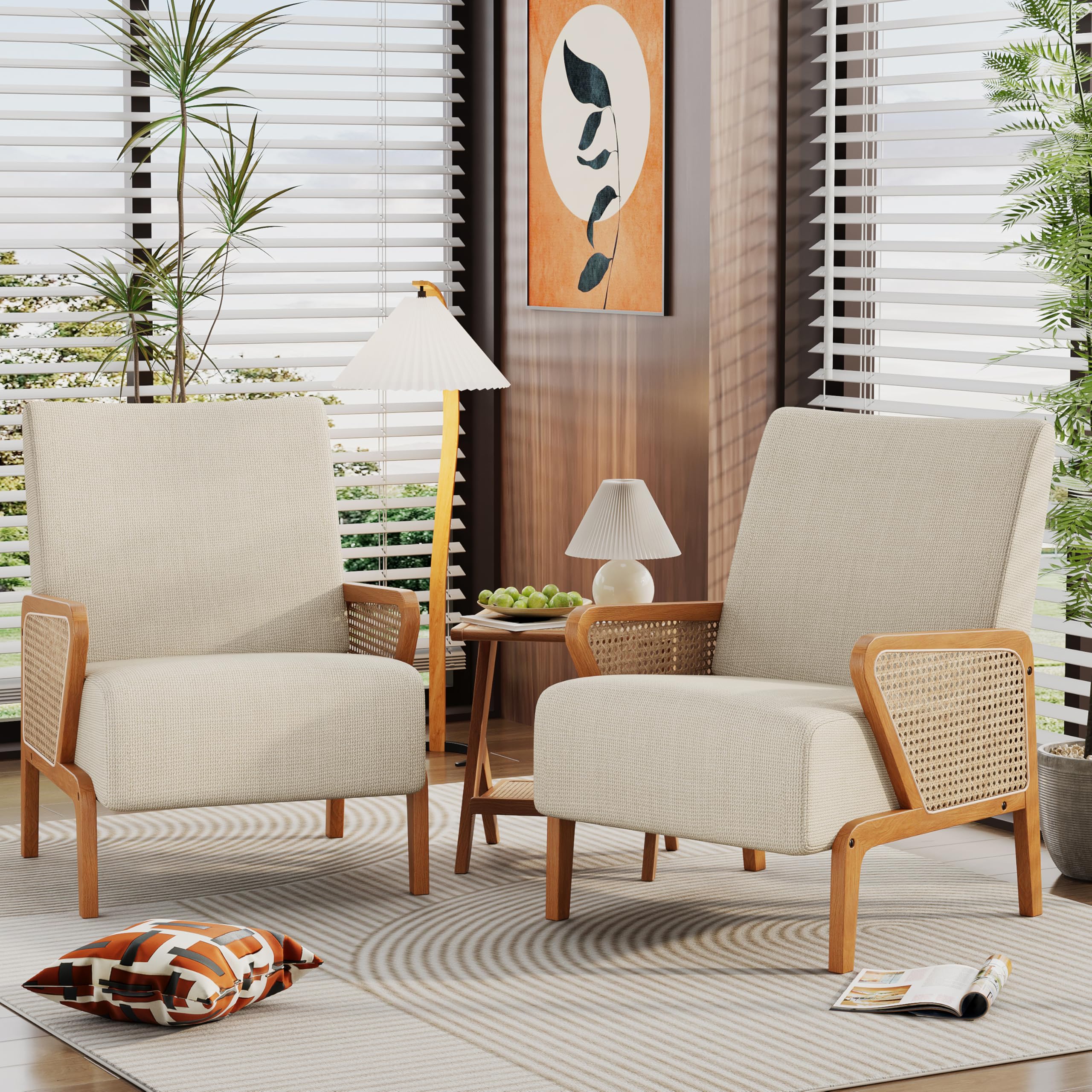 Natural Rattan Accent Chair with Tufted Back