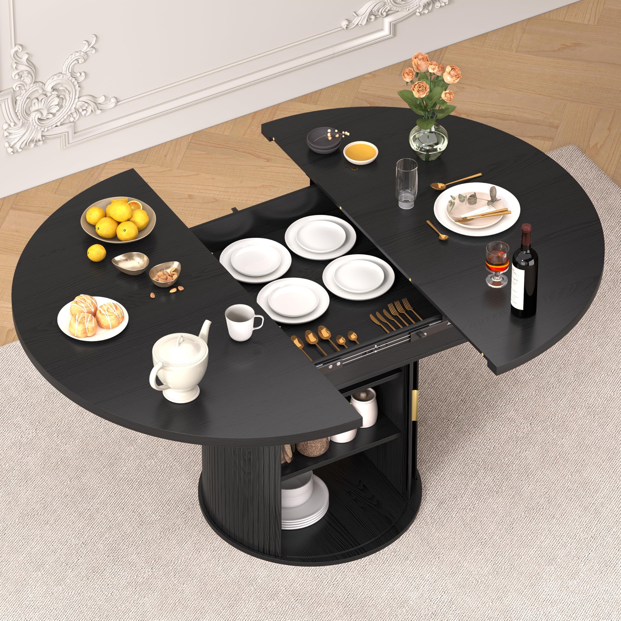 Extendable Round Dining Table with Storage