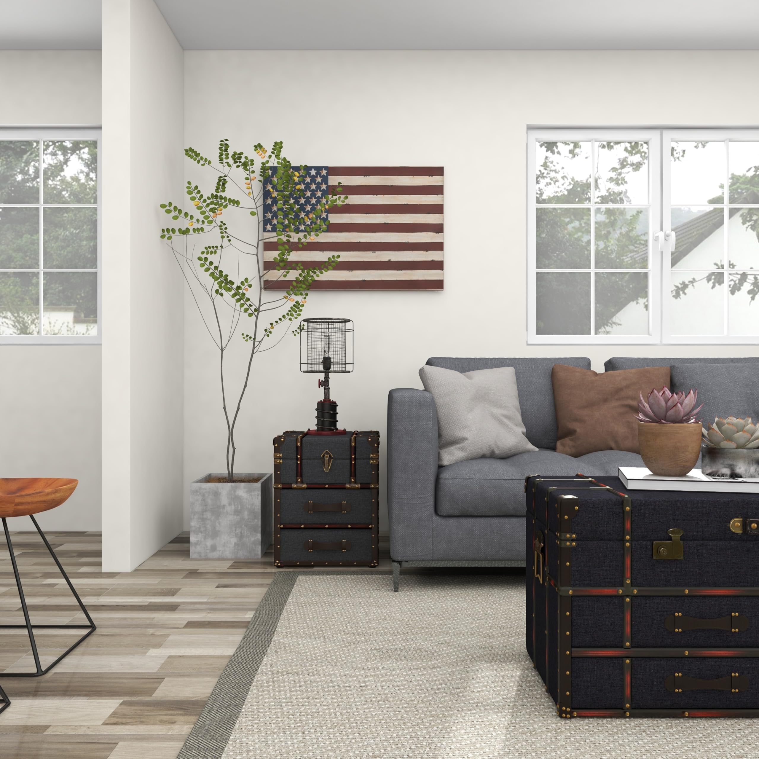 Blue Linen Upholstered 2-Drawer Accent Table