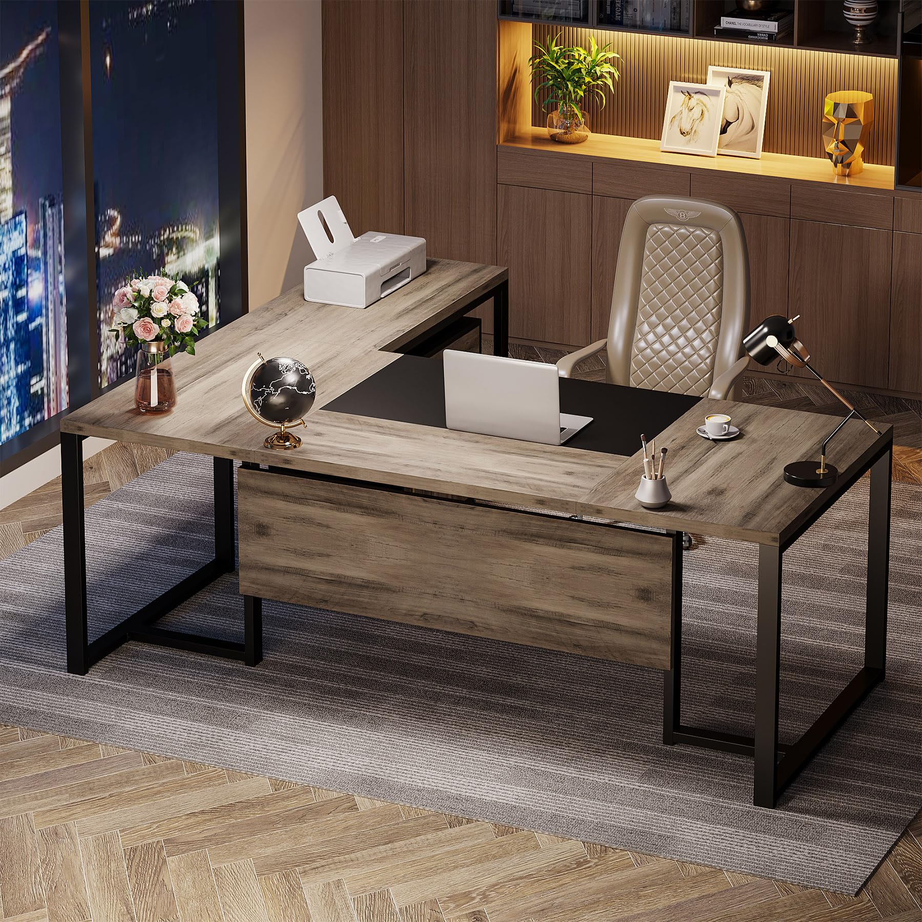 70.8" L-Shaped Executive Desk with Drawer Cabinet