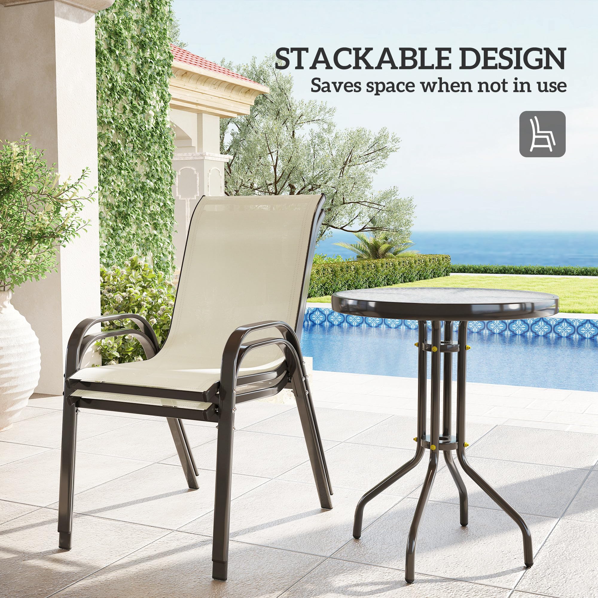 3-Piece Outdoor Bistro Set with Stackable Chairs and Glass Table