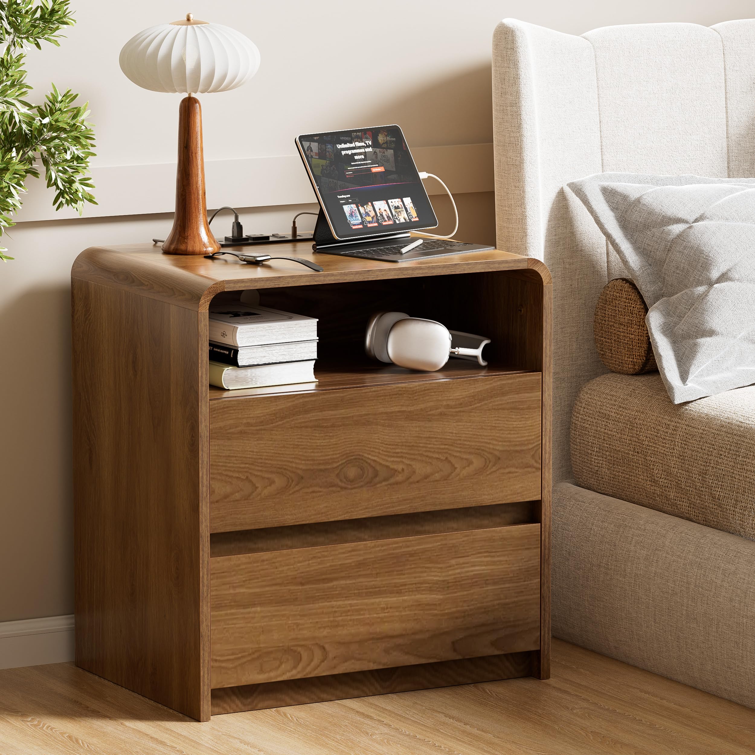 Modern Nightstand with Hidden Drawers and Charger Station