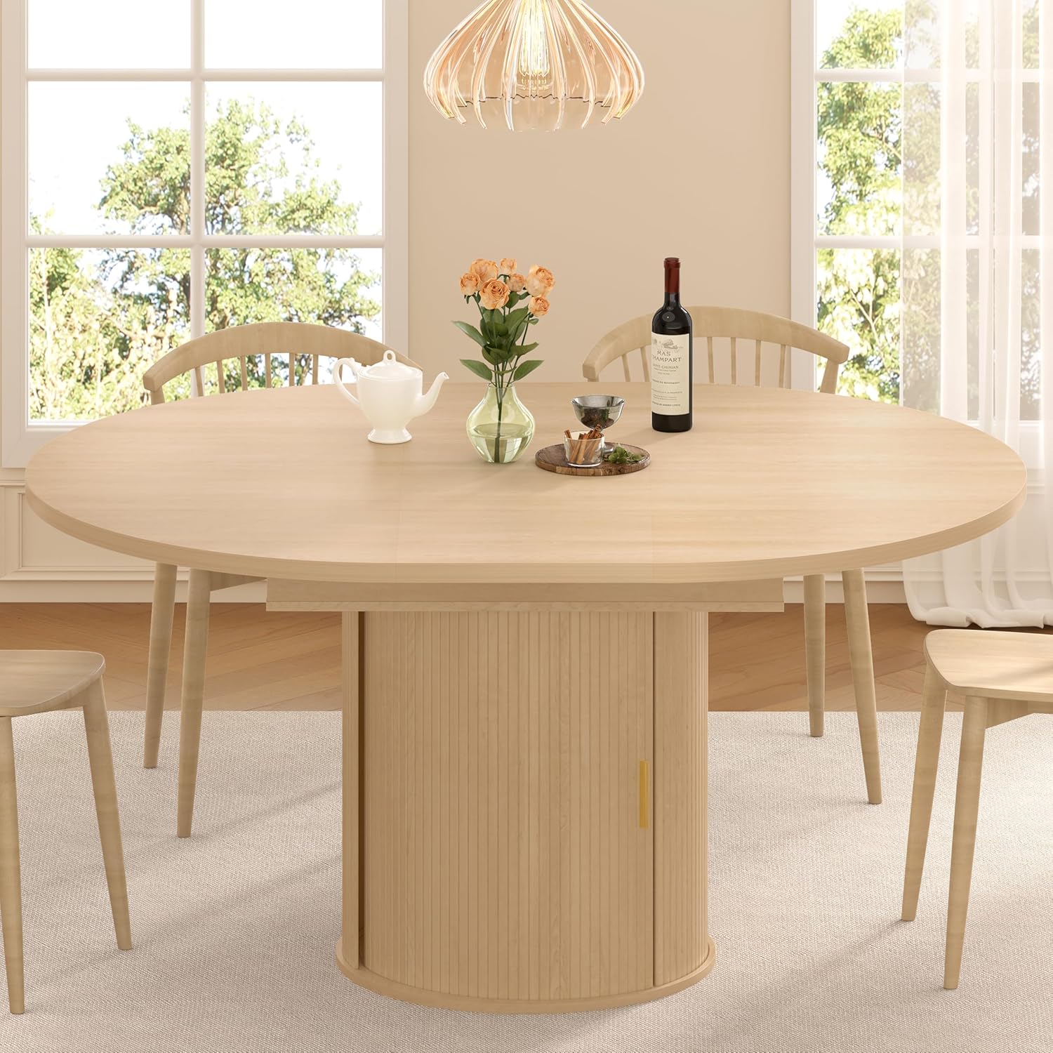 Extendable Round Dining Table with Storage